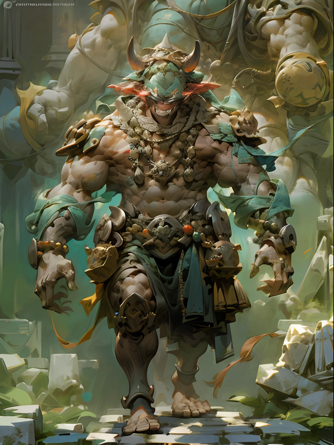 Art, cartoons, cow anthropomorphic monsters ((Minotaur walking through a stone maze in the dark)), Greek mythology, monsters, horror, creepy, muscular,, (mossy stone walls), crazy, animal grinning, (body covered with fur), trends on ArtStation, trends on CGSociety, complex, highly detailed, clear focus, dramatic, midjourney and realistic painting art by Greg Rukowski, Background bokeh (skin texture), Intricate detail, Fine detail, Ultra detail, Ray tracing, Subsurface scattering, Diffuse soft lighting, Shallow depth of field, Author (Oliver Wetter) Buddha beads, full body, composition, proportion