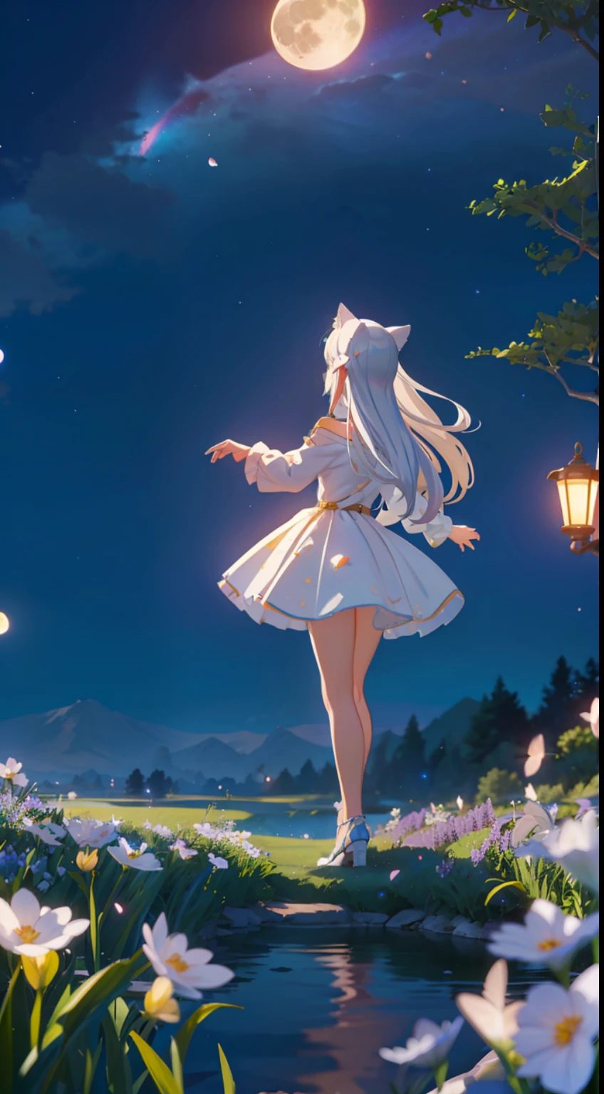 Extensive landscape photo , (looking up and down), Girl standing in flower field looking up, (Full Moon:1.2), ( Shooting Star:0.9), (Nebula:1.3), Flower field of white flowers, Shining flower field, Tree , (Warm light source:1.2), (Firefly:1. 2), Lamp, lots of orange and blue, fine details, voluminous Lighting BREAK (Masterpiece:1.2), (Top Quality), 4k, Super Dense, (Dynamic Composition:1.4), Very Fine Detail, Colorful Details, ( Iridescent:1.2), (Glowing Lighting, Atmospheric Lighting), Dreamlike, Fantastic, (Solo:1.2), Sparkling, Petals Dancing, White Hair, Beautiful hair, long hair, cat ears, back view, magical water effects, soap bubbles, posed