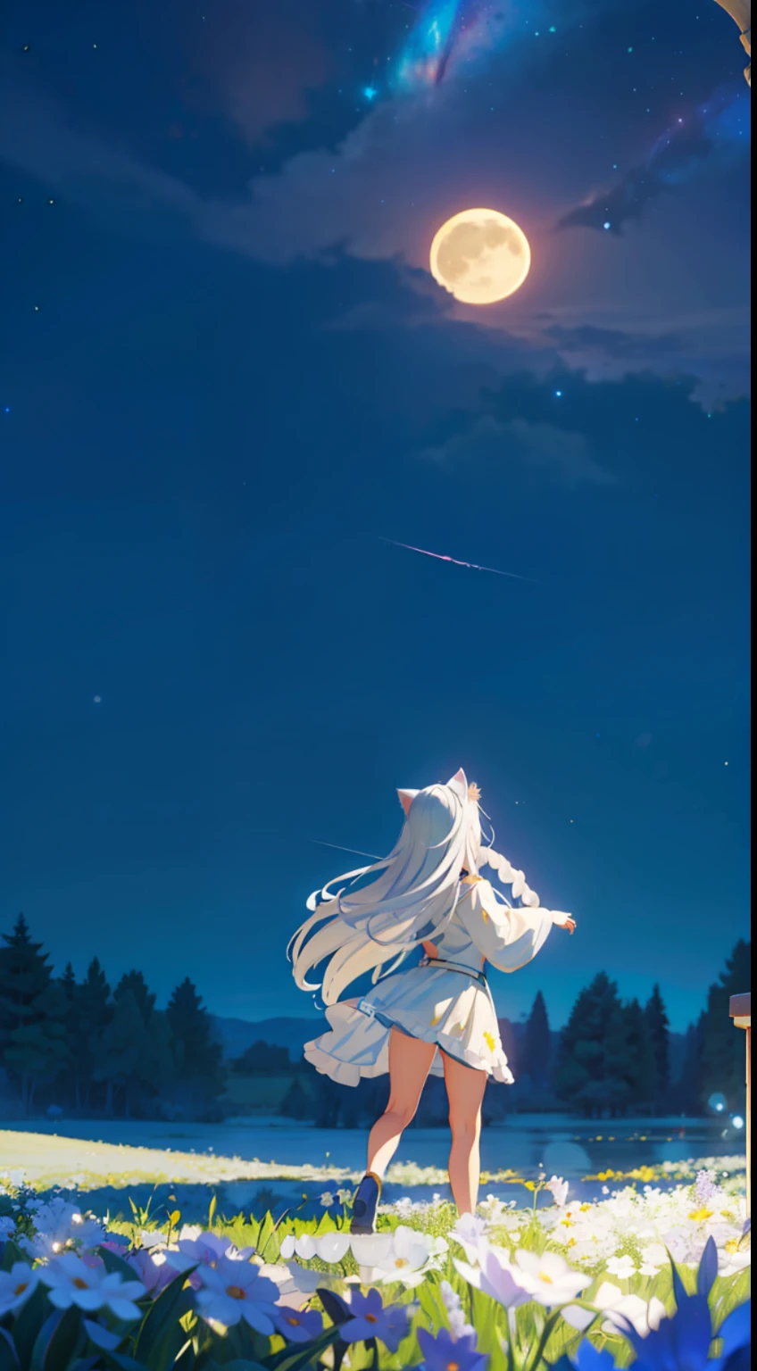 Extensive landscape photo , (looking up and down), Girl standing in flower field looking up, (Full Moon:1.2), ( Shooting Star:0.9), (Nebula:1.3), Flower field of white flowers, Shining flower field, Tree , (Warm light source:1.2), (Firefly:1. 2), Lamp, lots of orange and blue, fine details, voluminous Lighting BREAK (Masterpiece:1.2), (Top Quality), 4k, Super Dense, (Dynamic Composition:1.4), Very Fine Detail, Colorful Details, ( Iridescent:1.2), (Glowing Lighting, Atmospheric Lighting), Dreamlike, Fantastic, (Solo:1.2), Sparkling, Petals Dancing, White Hair, Beautiful hair, long hair, cat ears, back view, magical water effects, soap bubbles, posed