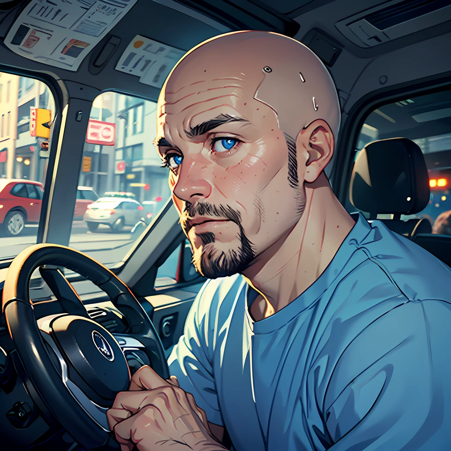 Scary night, (bald head), ((a 40 year old man 1.8)), short beard, blue shirt, slightly fat, inside bus, hands on steering wheel, (extremely accurate), blue eyes, (mysterious), half body, night,