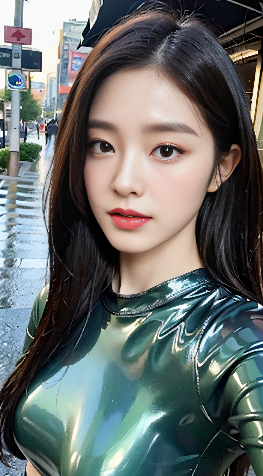 ((Best Quality, 8K, Masterpiece: 1.3)), Sharp Focus: 1.2, Beautiful Women with Perfect Bodies: 1.4, Slim Abdomen: 1.2, (Latex Shirt 1.2)), (No Bra), (Tight and Skin-Tight Latex Shirt: 1.3), (Rain-Wet Transparent Latex Shirt: 1.4), (Rain, Street: 1.2), Wet Body: 1.1, Highly detailed face and skin texture, detailed eyes, double eyelids, Red gloss slip: 1.1, K-pop idol, cute, 16 years old
