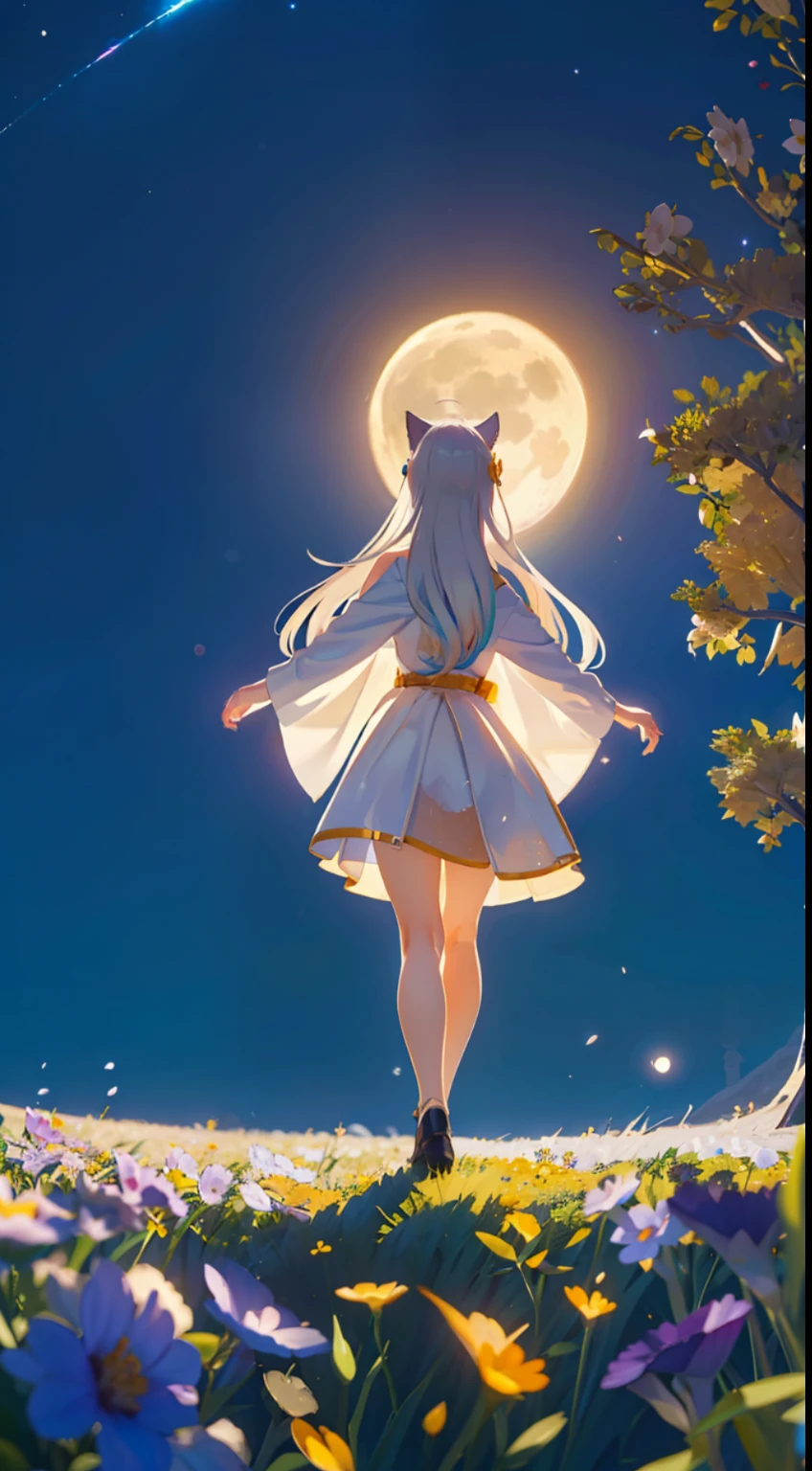 expansive landscape photo , (above and below looking down), girl standing in flower field looking up, (full moon:1.2), ( shooting star:0.9), (nebula:1.3), white flower field, flower field shining, fantastic flower field, tree , (warm light source:1.2), (firefly:1. 2), lamp, lots of orange and blue, details are (masterpiece:1.2), (top quality), 4k, super detailed, (dynamic composition:1.4), very detailed, colorful details, ( iridescent:1.2), (sparkling lighting, atmospheric lighting), dreamy, fantastic, (solo:1.2), sparkling, petals dancing (shining, white hair, beautiful hair, long hair, cat ears, back view, magical water effects, soap bubbles, posing), (shining, atmospheric lighting), dreamy, fantastic, (solo:1.2), sparkling, petals dancing