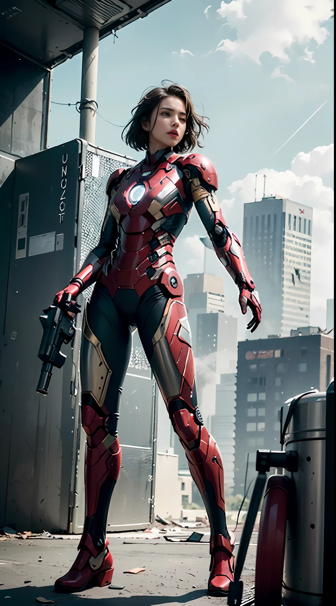 RAW, Masterpiece, Ultra Fine Photo,, Best Quality, Ultra High Resolution, Photorealistic, Sunlight, Full Body Portrait, Stunningly Beautiful,, Dynamic Poses, Delicate Face, Vibrant Eyes, (Side View) , she is wearing a futuristic Iron Man mech, gun metal black and magenta paint color scheme, highly detailed abandoned warehouse background, detailed face, detailed and complex busy background, messy, gorgeous, milky white, high detailed skin, realistic skin details, visible pores , sharp focus, volumetric fog, 8k uhd, dslr camera, high quality, film grain, fair skin, photorealism, lomography, sprawling metropolis in futuristic dystopia, view from below, translucent,