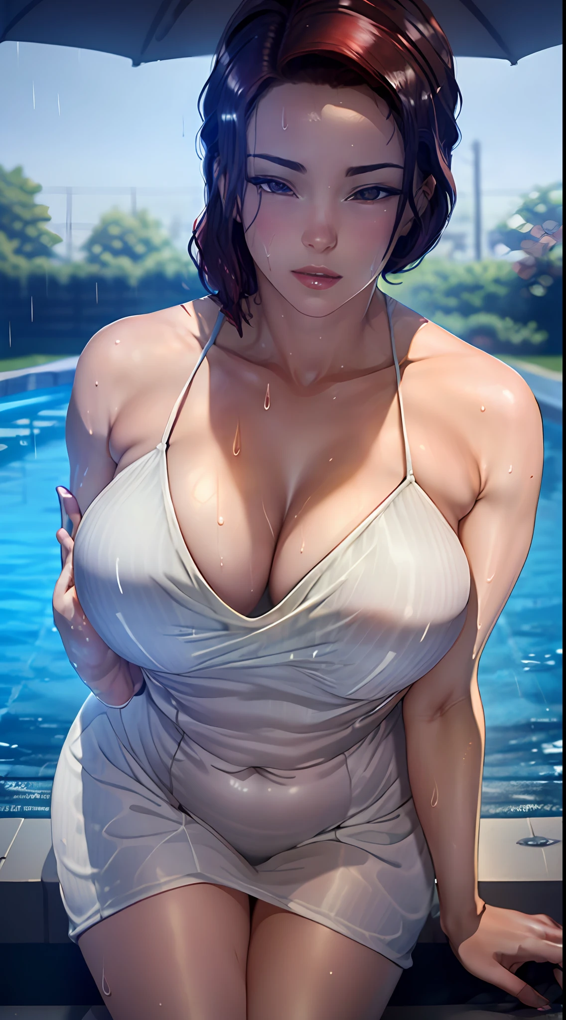 (Best quality, 4k, Masterpiece :1.3), beautiful woman, hyper realistic, 1girl, (droopy breasts, attractive body :1.2), sit-ups :1.1, short red hair: 1.1, (wet rainy, wet by rain, wet body :1.2), ultra-detailed face, detailed lips, detailed eyes, double eyelid, sensual low-necked dress, open neckline, hanging breasts, side pose, visible curves, pool party, poolside, silver transparent mantle,sunglasses, muscular turned leg
