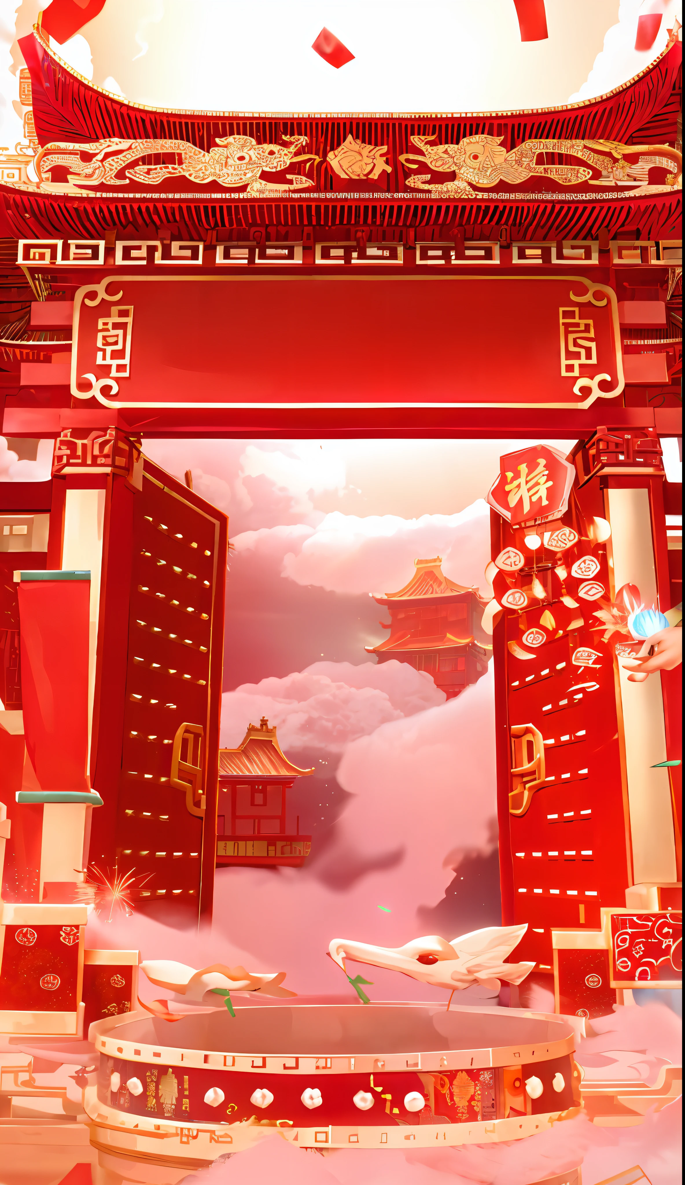 There is a red open Chinese style door, Chinese New Year in Shanghai, grand! , Chinese style, in front of the gate there is a red and gold platform, surrounded by fireworks, gold ingots and firecrackers and golden auspicious clouds, in front of the gate there are also hung red firecrackers, in the gate there are golden clouds