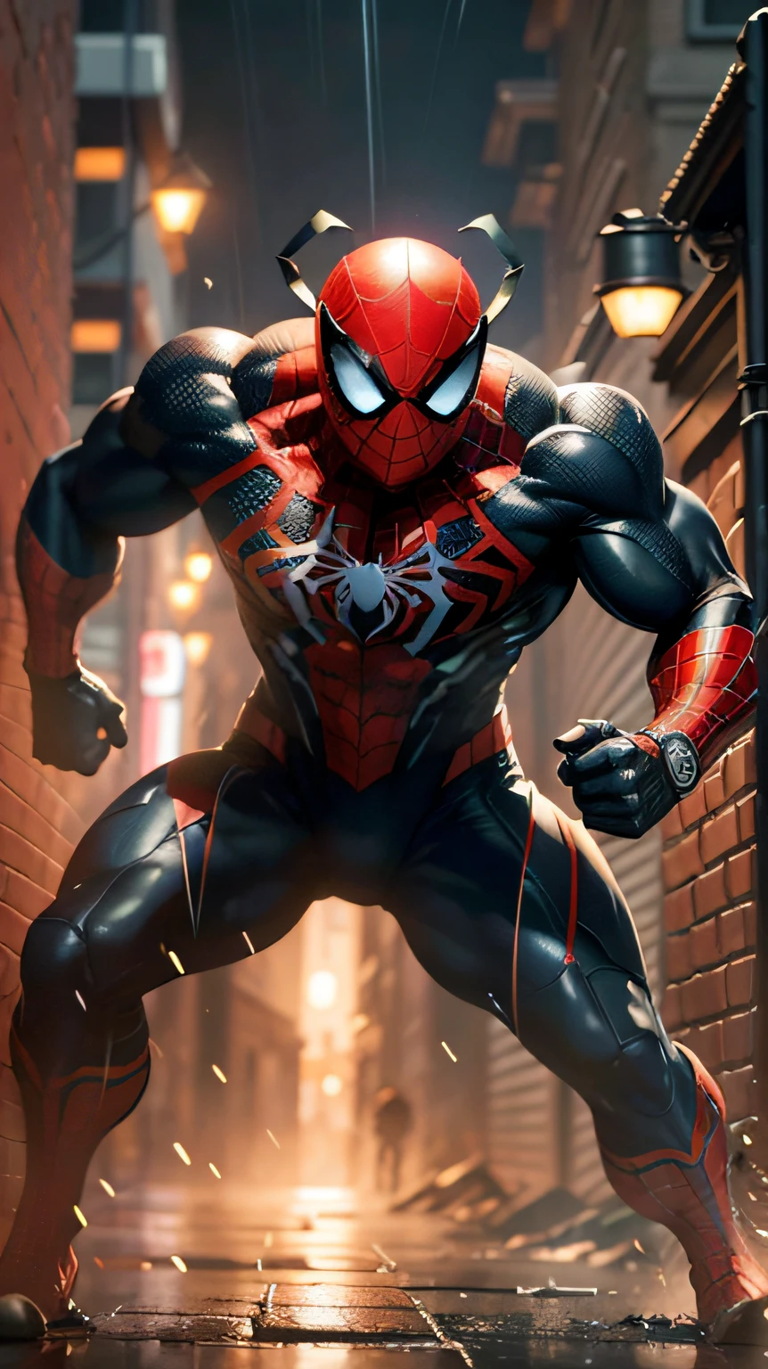 A cinematic masterpiece depicting the epic showdown between Spider-Man and Batman in a dark and rainy cityscape. Using the powerful rendering engine of SeaArt, create a visually stunning scene with intricate detail and high resolution. Capture the intensity of the battle as Spider-Man, with his acrobatic moves and web-slinging abilities, engages in a fierce confrontation with the brooding and dark presence of Batman. Utilize HDR and cinematic lighting techniques to enhance the atmosphere, creating dramatic shadows and highlights. Incorporate the signature elements of both characters, such as Spider-Man's iconic red suit and web patterns, and Batman's sleek black armor and bat symbol. The composition should highlight the dynamic poses and contrasting personalities of the two superheroes. Focus on the faces of the characters, capturing the determination and intensity in their eyes. Surround the scene with a detailed city landscape, with tall buildings, rain-soaked streets, and atmospheric effects. Add depth and realism with subtle touches, such as lens flares, light shafts, and reflections. This artwork should be a true representation of the clash between two iconic superheroes, showcasing the best quality and attention to detail. Aim for a photorealistic style that brings the characters to life, leaving viewers captivated by the intricate details and narrative conveyed in the artwork