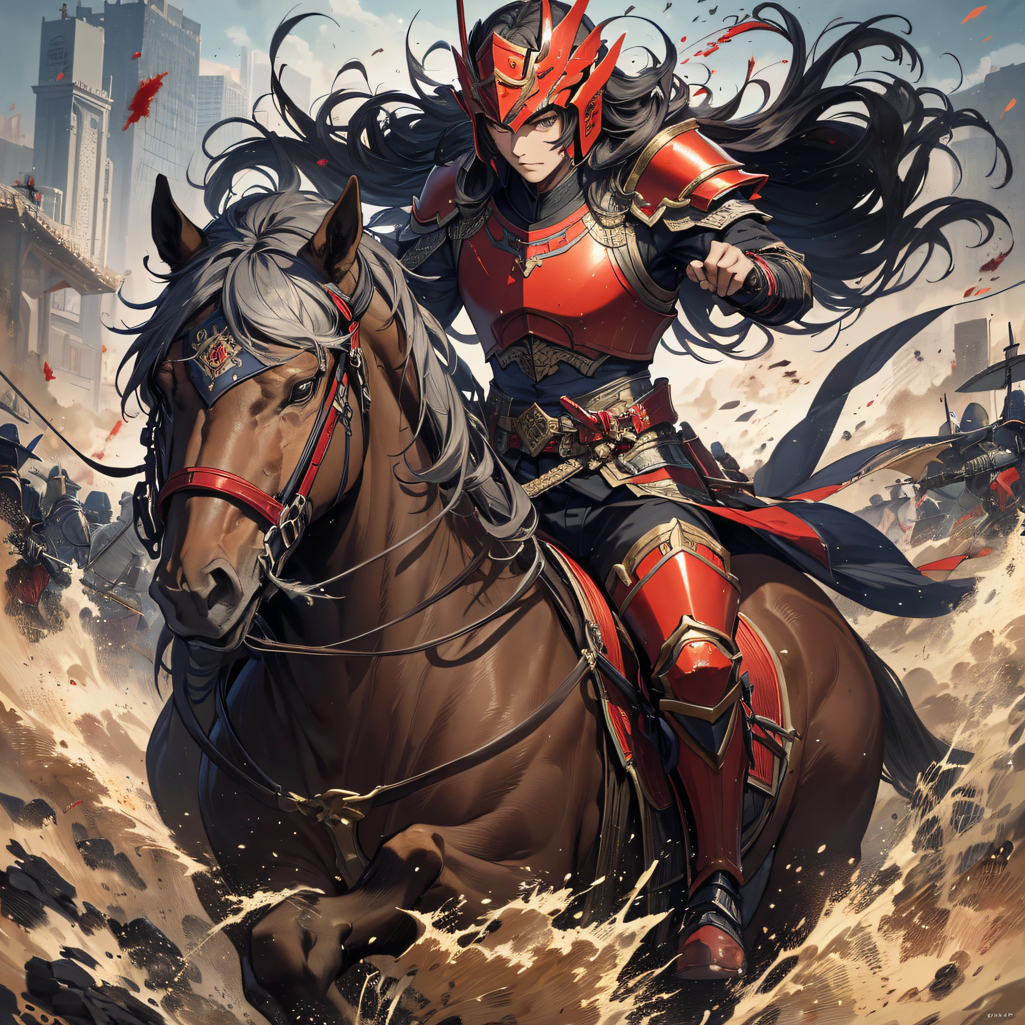 Absurd resolution, high resolution, (masterpiece: 1.4), hyper-detail, ancient China, steppe, black long-haired young man (1.3), horseback riding (1.3), armored samurai in red armor, charge, wielding sword, army, battlefield, blood, battle, fire