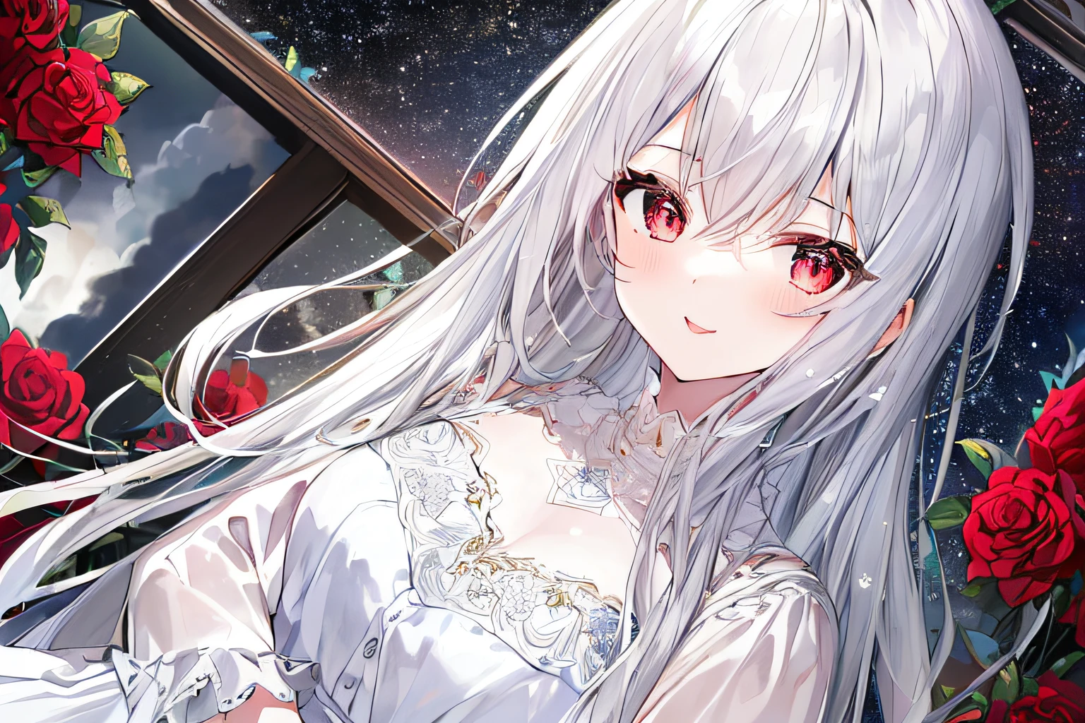 1girl, full body, denim photo, (Rembrandt), illustration, (masterpiece), (best quality), (ultra_detailed), finely detail, (Depth of field), , glove, long hair, star\ (symbol\), looking at viewer, (silver hair:1.2), red eyes, upper body, hair ornament, :p, frills, pink shirt, smile, sleeveless, shirt, idol, symbol-shaped pupils, hands up, sleeveless, shirt, idol, symbol-shaped pupil, bangs, side up, star-shaped pupil, arms up, skirt pulling, roaring twenties, isometric, seen from above, sky, flowerscliff