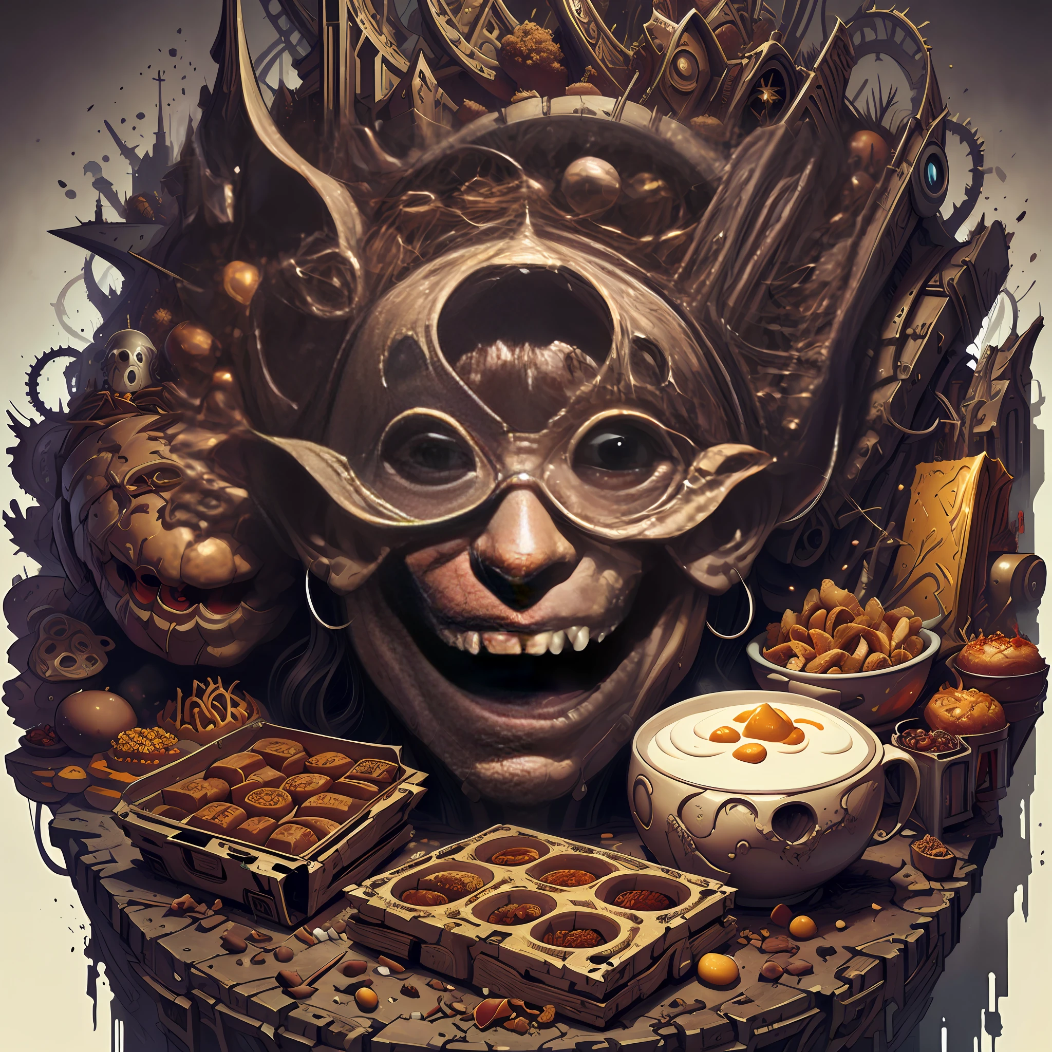 The anatomy of a zoombie head made of junk food, an ultrafine detailed painting by james jean, octopath traveler, behance contest winner, vanitas, angular, altermodern, surreal --auto --s2