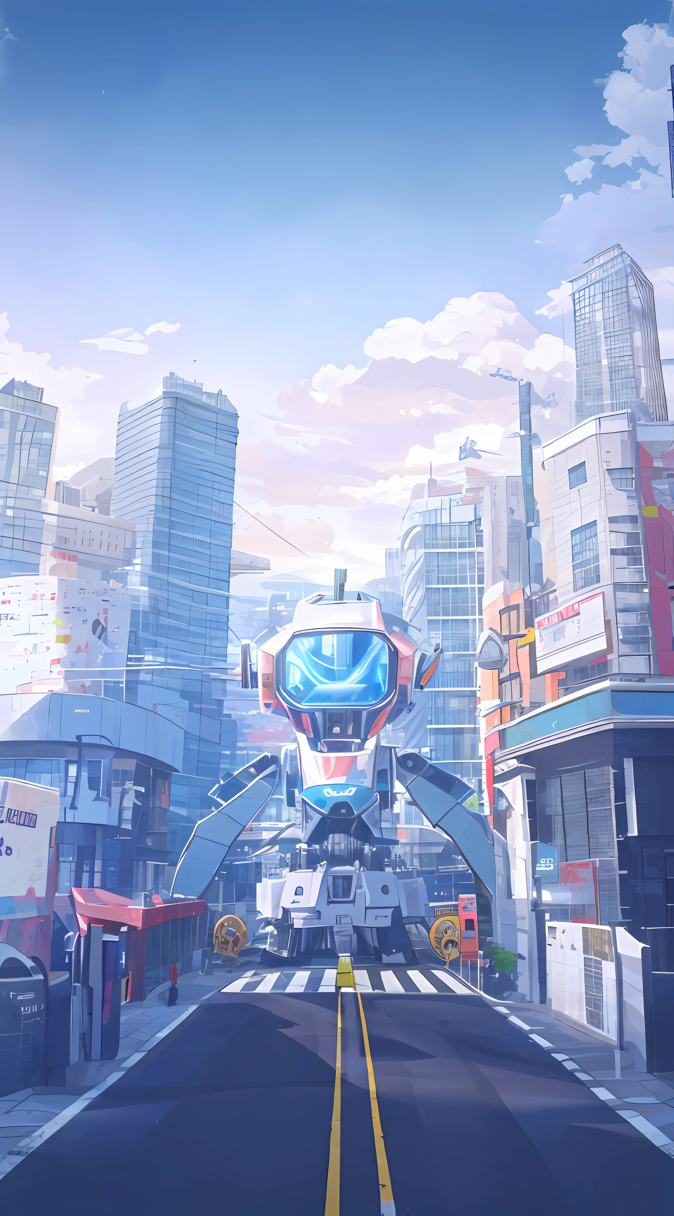 Urban building, a road in the middle, a zebra crossing in the middle of the highway, double yellow lines, a robot on the pavement, clouds in the colored sky, optimized details