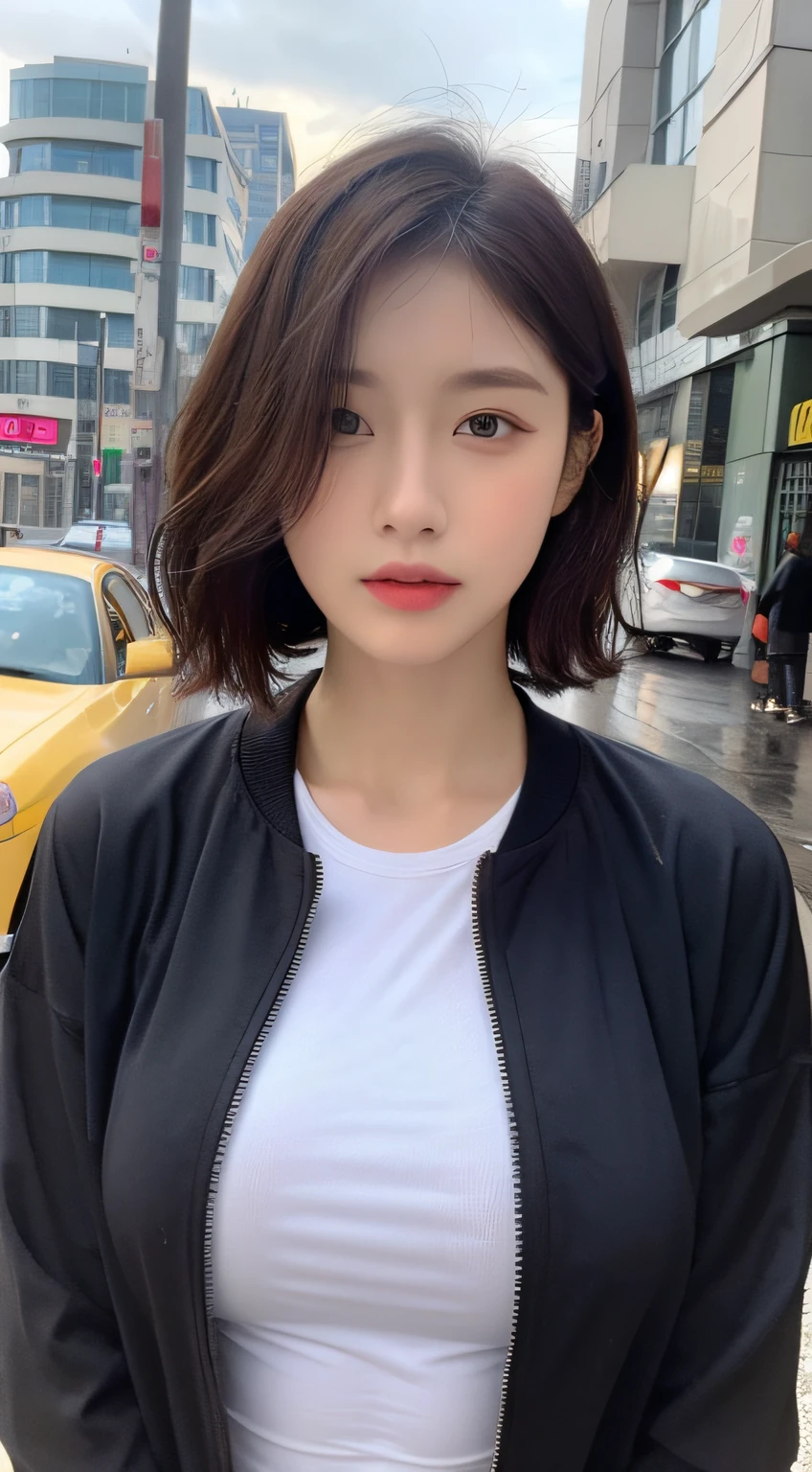 ((Best Quality, 8k, Masterpiece: 1.3)), Focus: 1.2, Perfect Body Beauty: 1.4, Slim Abs: 1.2, ((Layered Haircut, Big Breasts: 1.2)), (Wet Clothes: 1.1) , (Rain, Street:1.3), Wet Body: 1.1, Highly detailed face and skin texture, Detailed eyes, Double eyelids, Double clothes, Short clothes