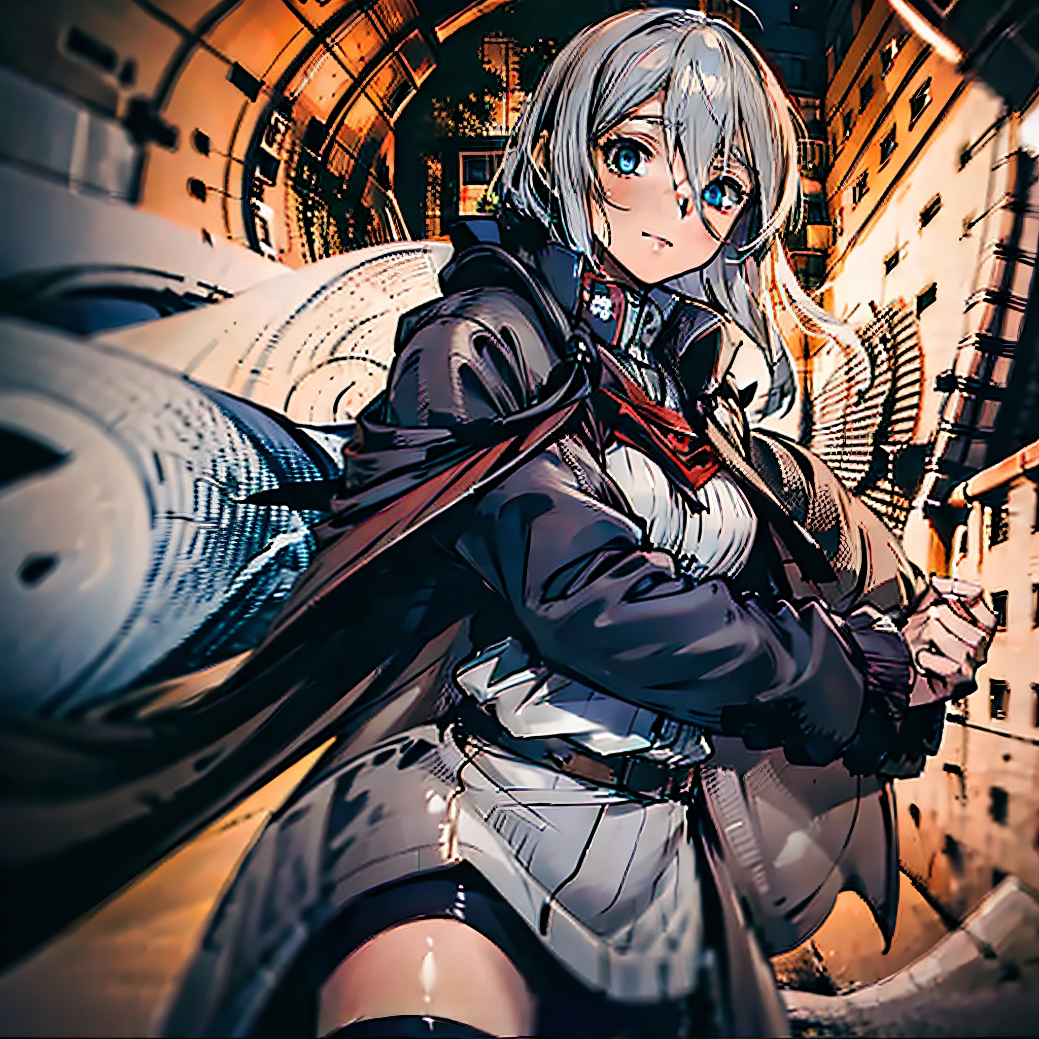 1girl, anime, long grey hair,brown cloak ,night , best hand, heterochromia,