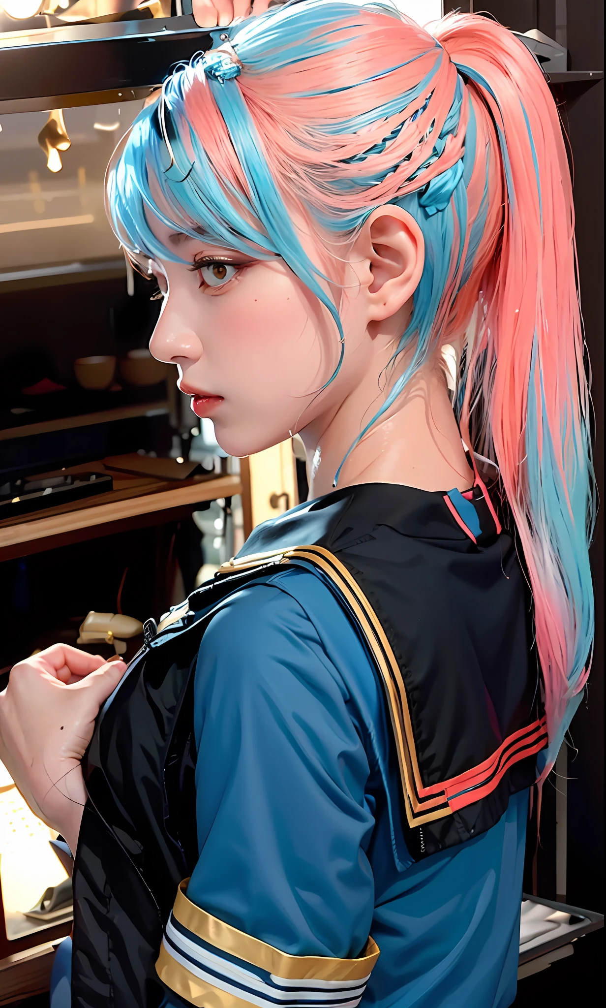 black jacket, light blue and pink and red and golden hair, black jacket, black sailor suit, wet, sweat,