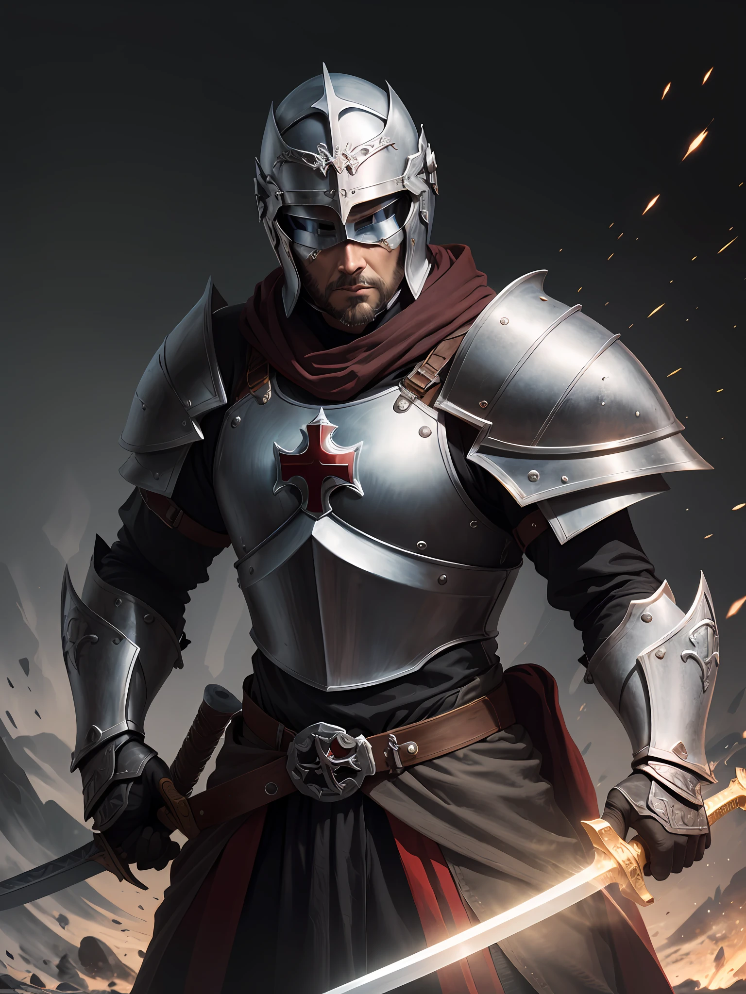 1 Warrior man ((Knight Templar ))on the battlefield, wearing original armor, (( Detailed helmet)))the detailed face,(sword in hand )drop shadow, halftone, vanishing point, diffraction peaks, f/1.8, Nikon, high detail, UHD, masterpiece, best quality, highres, 16k