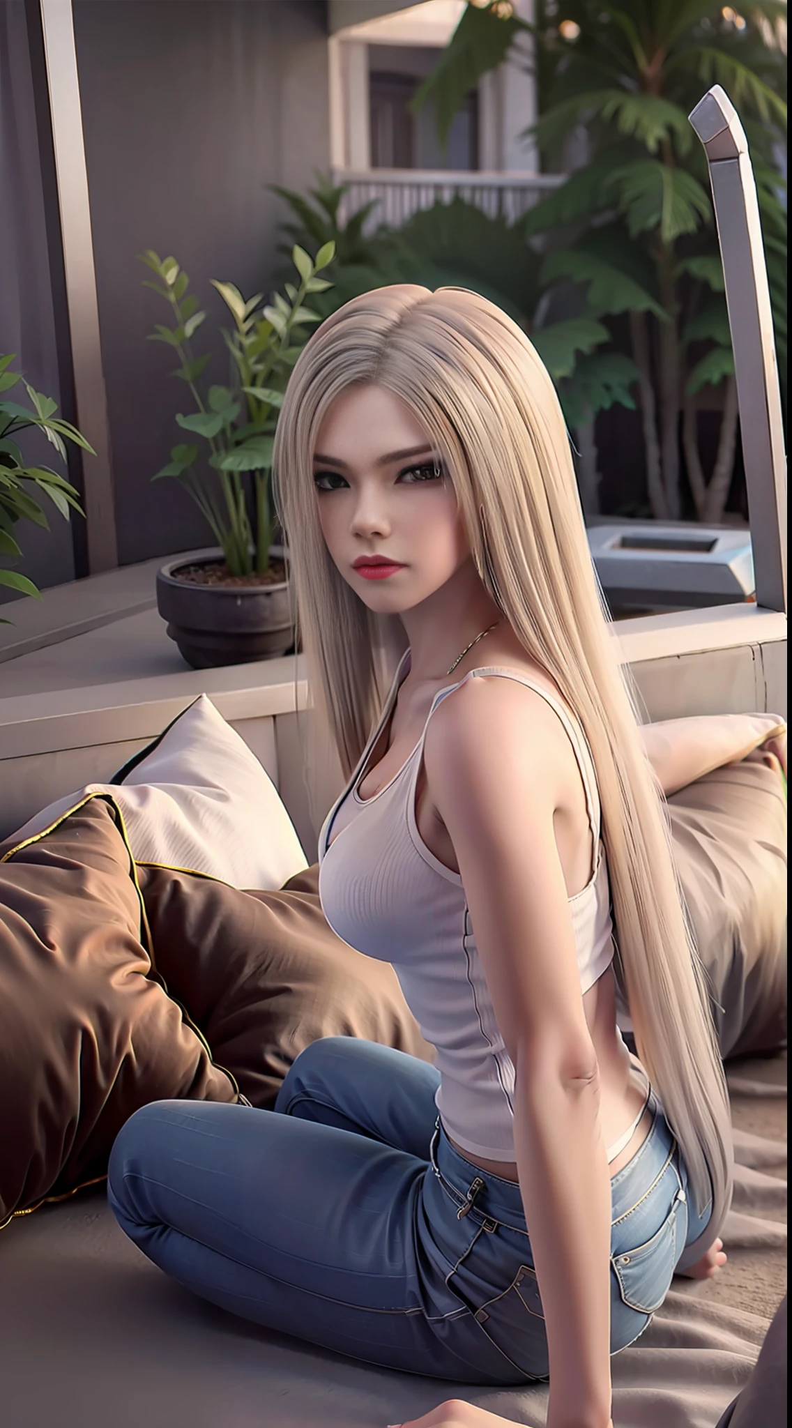 Ultra High Resolution, Realistic, Photo Realistic, Imagination, (Realistic), Clear Sky, Composition, (HDR:1.5), Outdoor, Intricate Detail, 8K, Sofa, Pouting As, Full Body, Skinny Jeans, Tank Top, Looking Back,