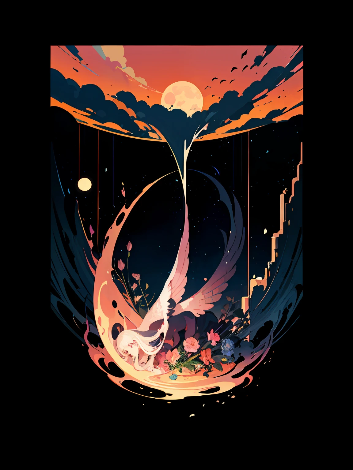 Pink background border, sunset, starry sky, colorful flowers, fantastic illustration, calm night. Digital illustration, surreal flat color, pastel flat surreal design, blurry and dreamy illustration, beautiful artwork illustration, poster illustration, dribbling illustration, flat 2D vector art, flat color, flat surrealist design --auto