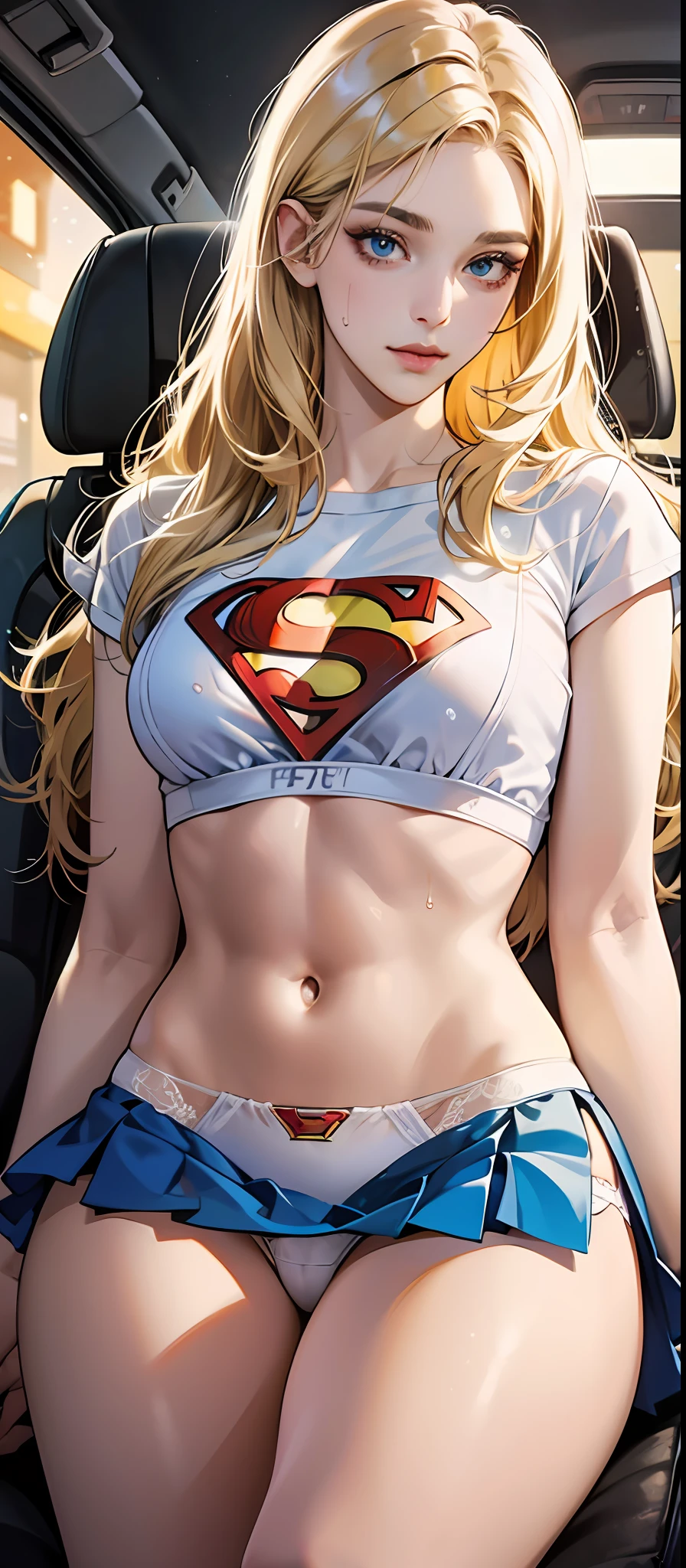 create a white, western, blonde haired, 21 years old, white, with long blonde hair, blue eyes with realistic igamem raw 8k, in the car at night, insinuating herself into the lens, white panties with superman letter S, volume in the panties, bulge in the panties, effeminate boy, transexy, short skirt, pleasure, wet, honeydew, superman symbol S in the background. --auto --s2