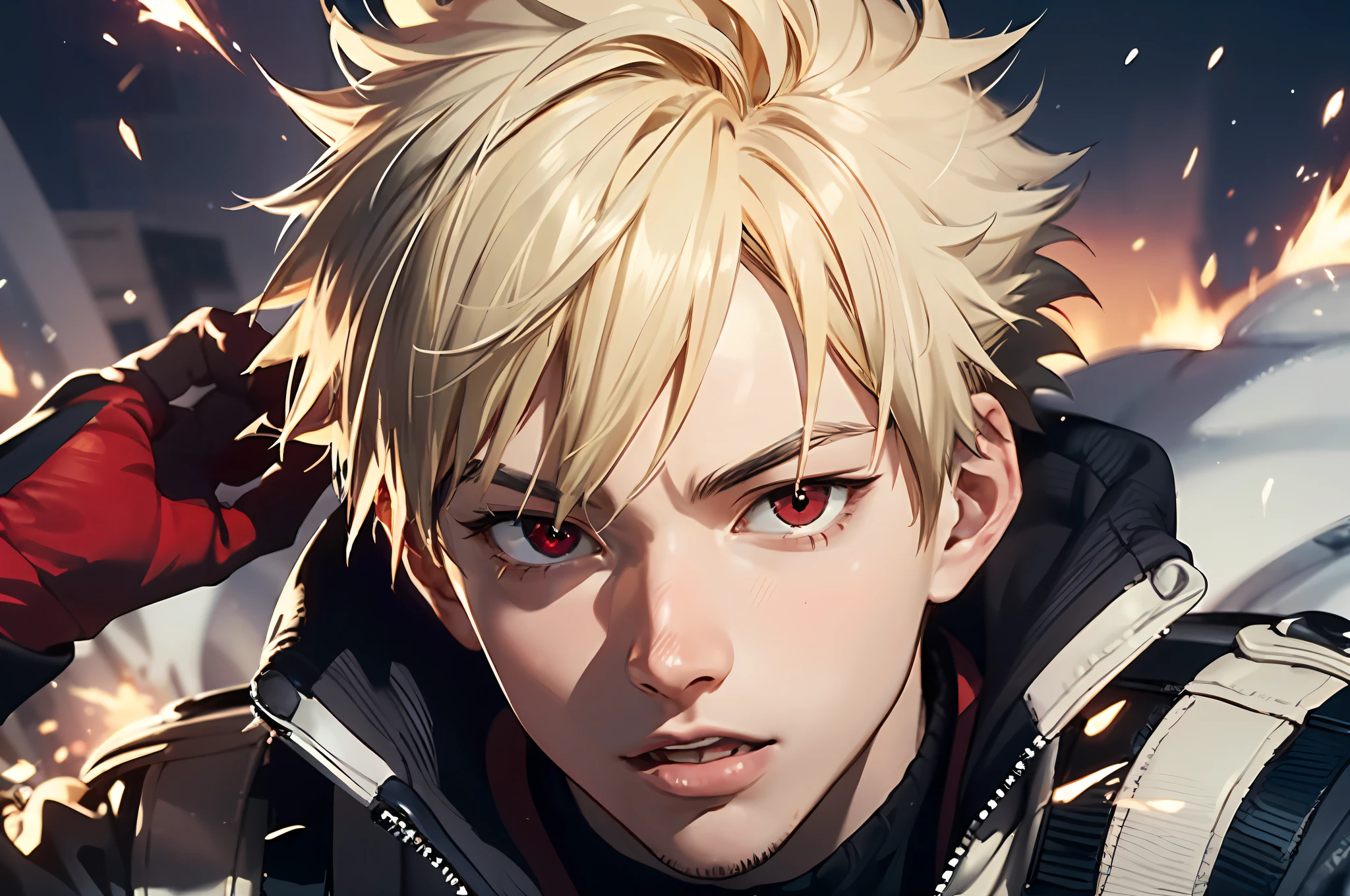 ((masterpiece, top quality, super definition, high definition)), one young man, Katsuki Bakugo, My Hero Academia, blonde short hair, shining eyes, perfect red eyes, 25 years old, black high neck, slightly open mouth, sparks around,
