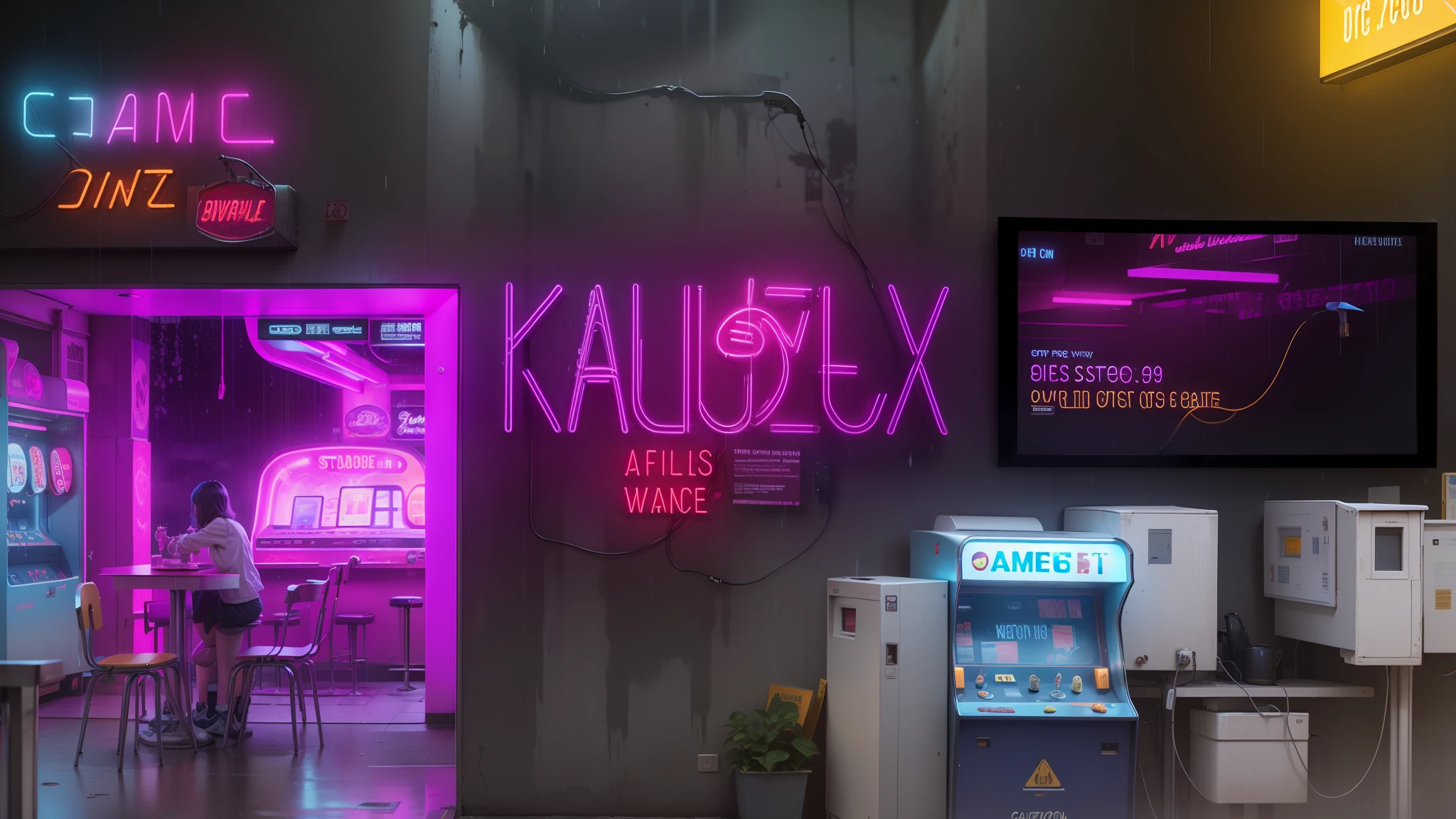 neon, rainy, 4k, realistic, street, wall, cafeteria, arcade machine