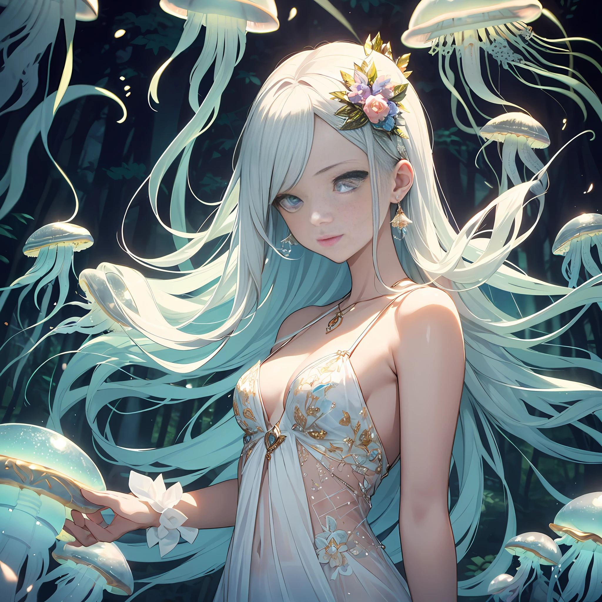 anime girl with long white hair and blue eyes holding a flower, jellyfish priestess, detailed digital anime art, trending on artstation pixiv, anime fantasy illustration, beautiful fantasy anime, anime fantasy artwork, digital art on pixiv, guweiz on pixiv artstation, guweiz on artstation pixiv, digital anime art, beautiful anime artwork