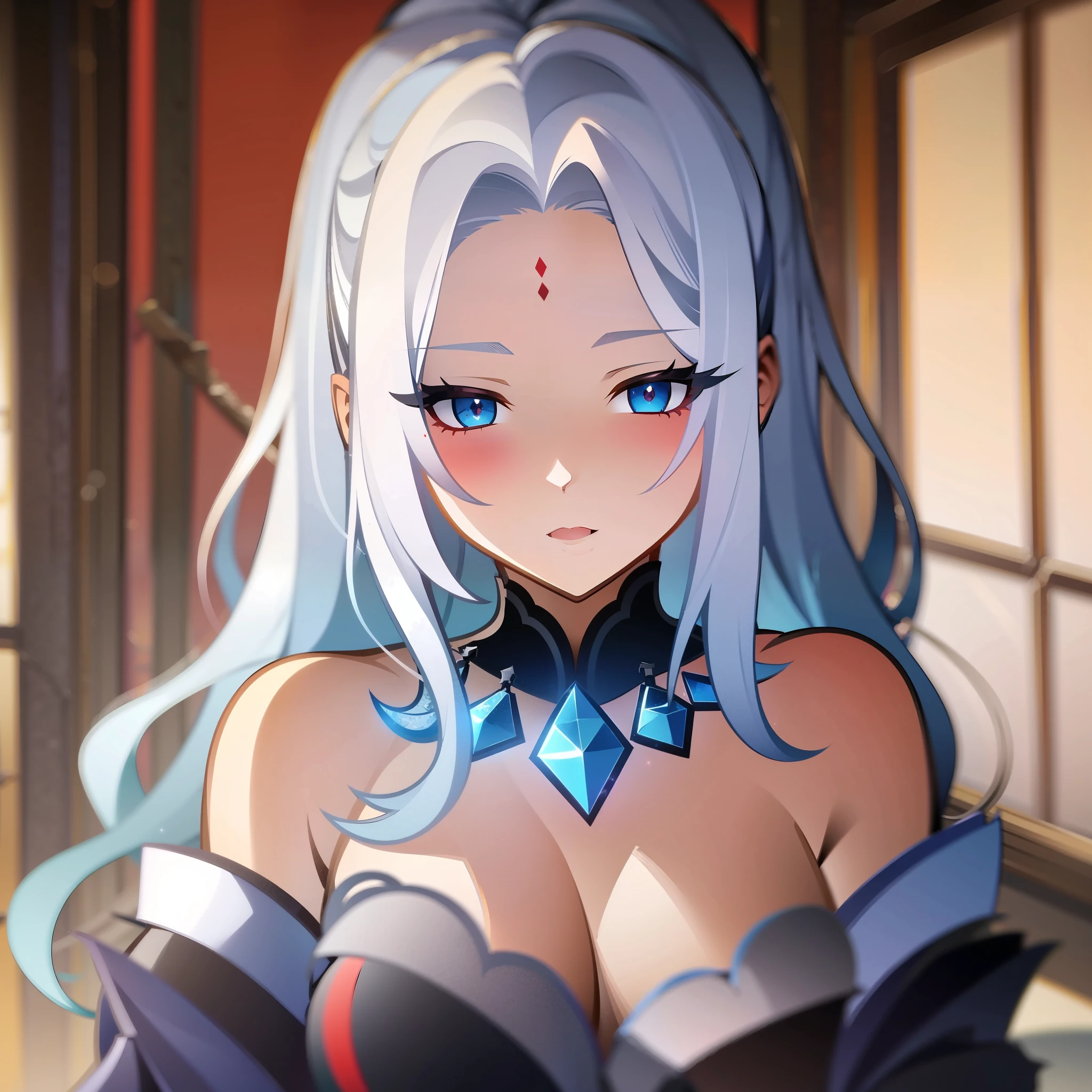 (1girl), (solo), (white hair), ((dark red strands)), ((wavy hair)), (forehead), (dark red corset), (fur), (icy-blue eyes), (dark blue necklace), (bare shoulders), ((dark red details))