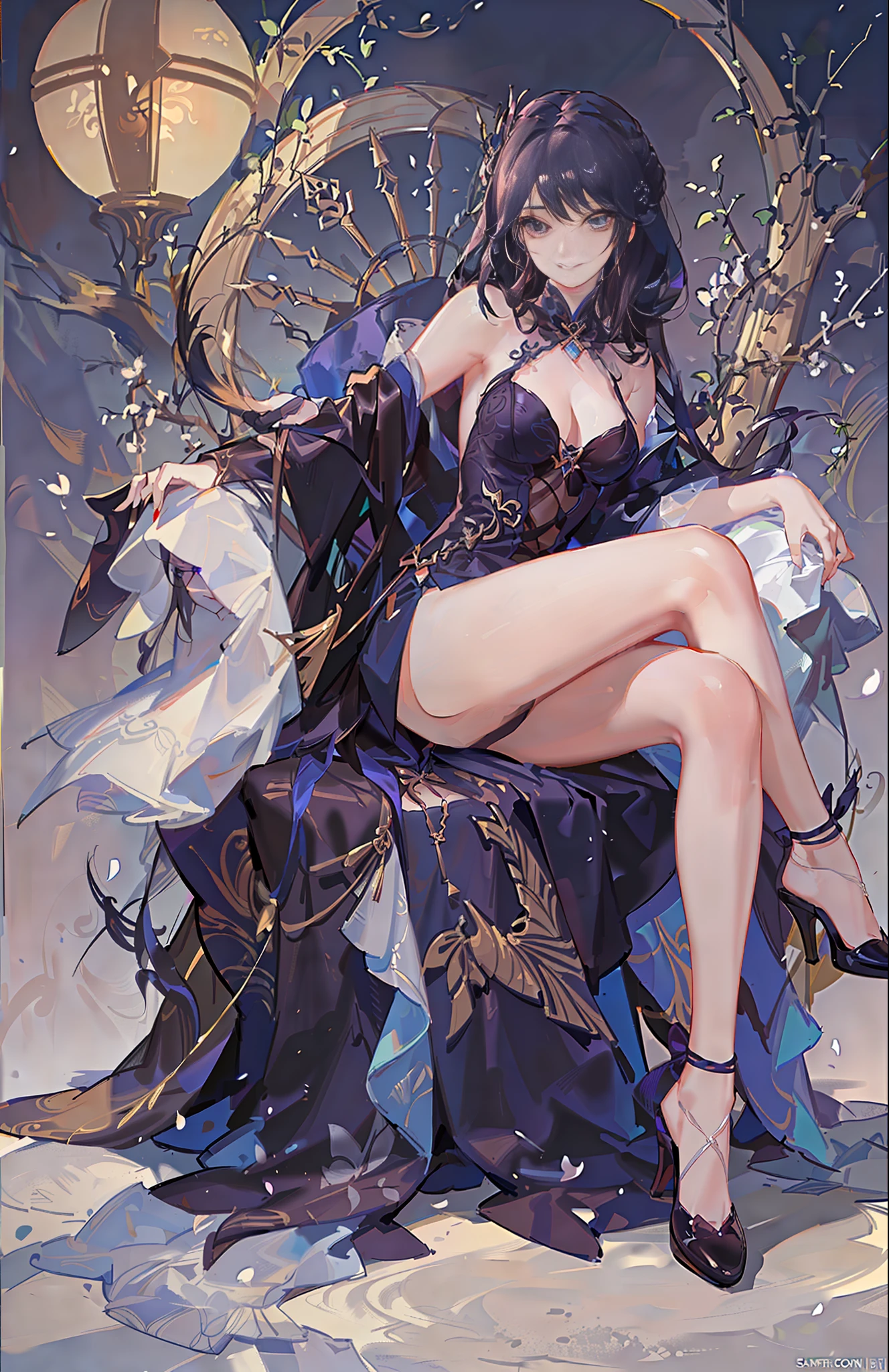 Sexy seductive lady, 30 years old, peach blossom eyes, smoky makeup, silk high-forked hanfu, stiletto heels, (bare legs), provocative expression, sitting on a throne, striped hair, black hair, moles under the eyes, makeup, anime style, seductive smile, kinky smile, chinese court, chinese feeling, lantern, chinese knot, uhq, masterpiece, , 8k, best quality, ccurate, anatomically correct, highly detailed characters, stiletto heels, bare legs, rounded smooth bare legs, (8k, original photo, best quality, Masterpiece,,:1.2),((character)concept art),Full body concept,fine details,Screen center,