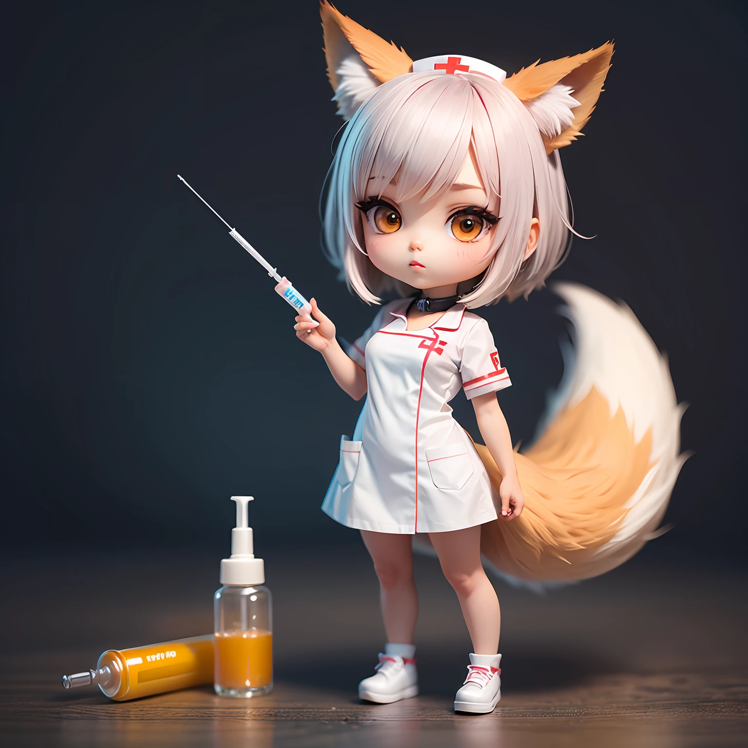 Chibi character holding a syringe in hand, fox girl wearing nurse clothes, supremely precise