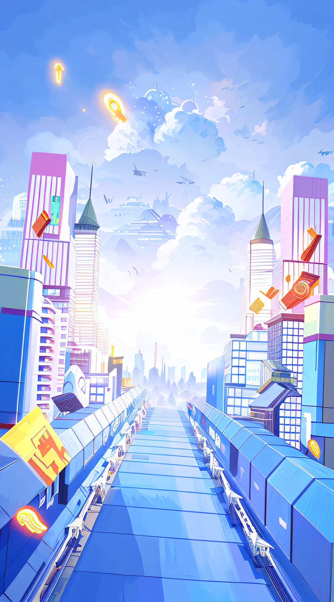 surreal cityscape background, futuristic city background, upbeat matte painting, futuristic city streets, anime style cityscape, commercial illustration, futuristic city background, epic illustration, futuristic cityscape, futuristic street, blue sky and white clouds in background --auto