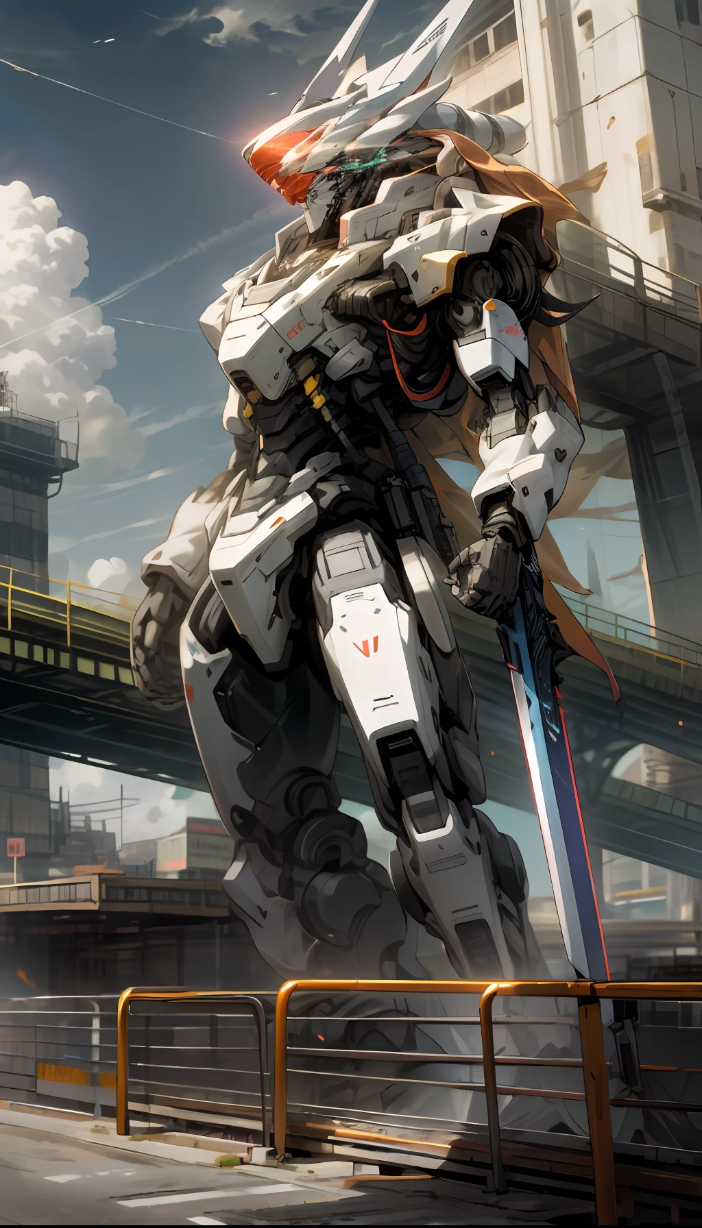 sky, cloud, holding_weapon, no_humans, glow, robot, architecture, science fiction, urban, reality Giant bridge Rainbow Female Statue --v6