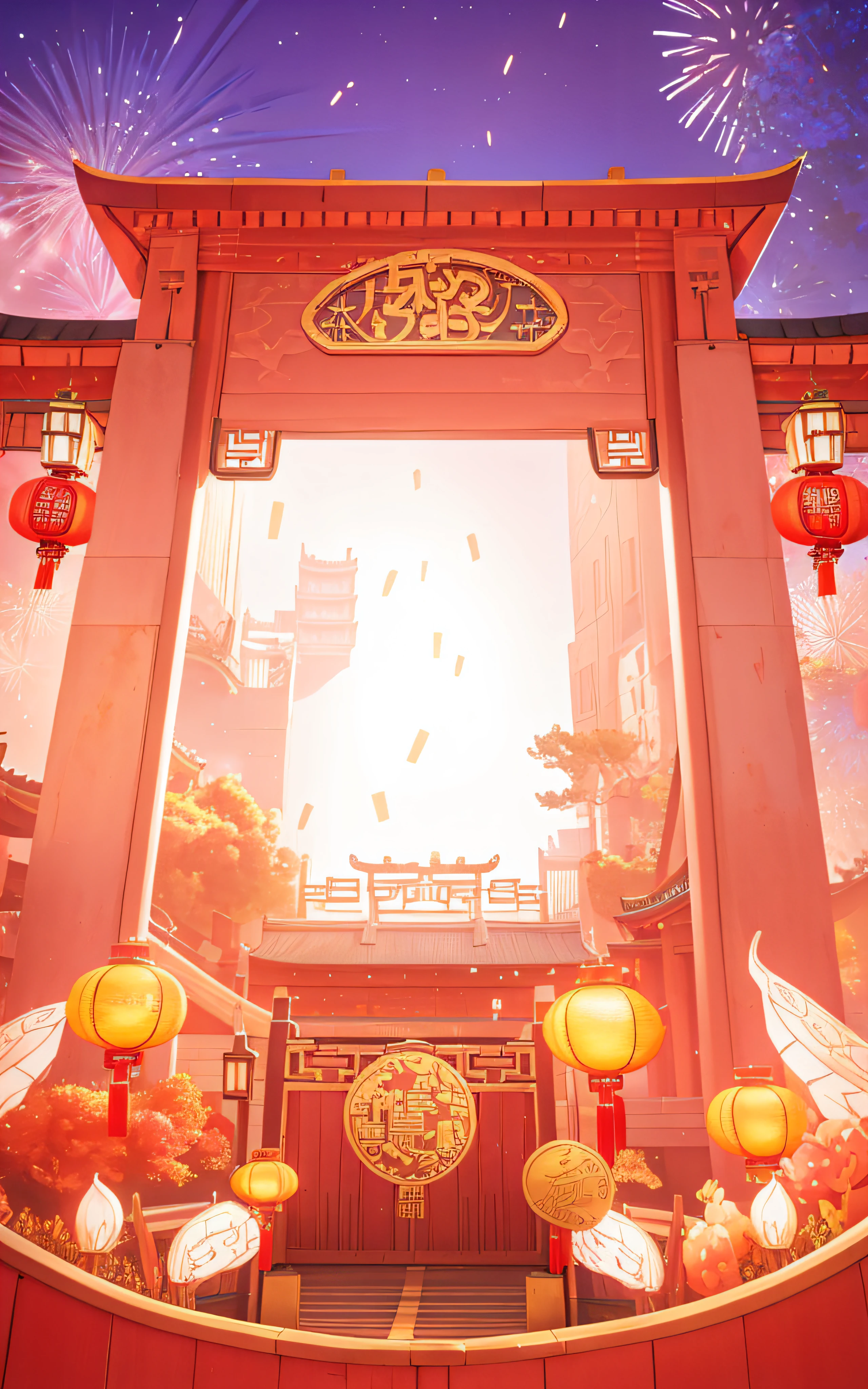 Close-up of gate with gold coins and fireworks, Chinese-style gate, lanterns hanging from the side of the gate, HD,