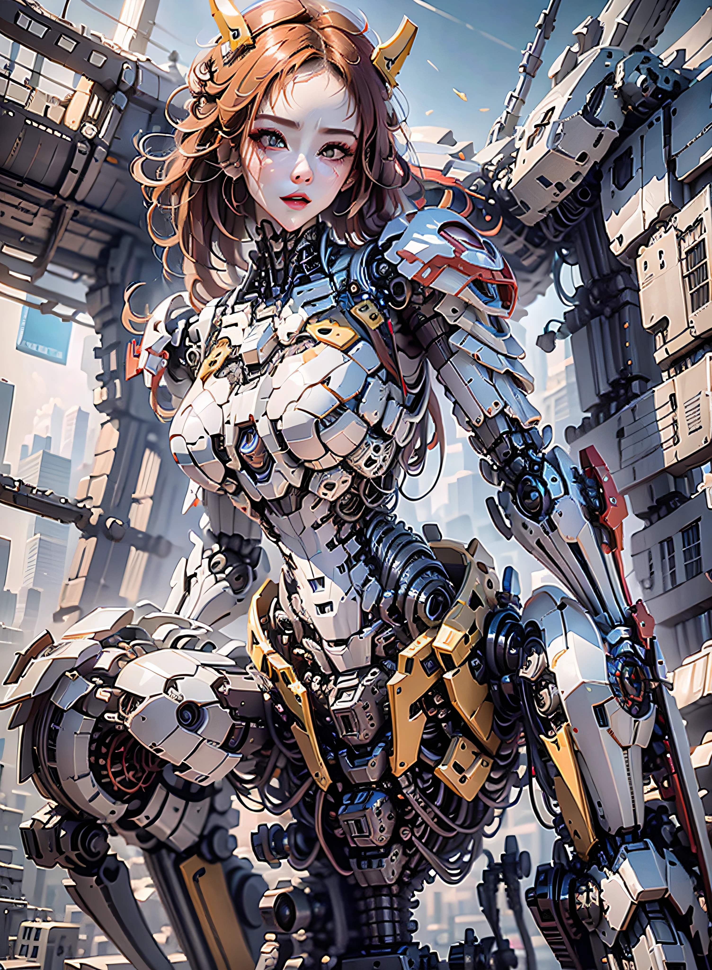 RAW, masterpiece, ultra thin photo, best quality, ultra high resolution, photorealistic 8K, sunlight, full body portrait, incredibly beautiful, dynamic poses, sexy, delicate face, vibrant eyes, (red hair), she is using a futuristic Iron Man engine, red and yellow gold color scheme, highly detailed robot factory background, detailed face, detailed and complex busy background, messy, gorgeous, milky white, highly detailed skin, realistic skin details, visible pores, sharp focus, volumetric mist, 8k uhd, dslr camera, high quality, film grain, fair skin, photorealism, lomography, expanding metropolis in futuristic dystopia, view from below, translucent, cables connected to robots,