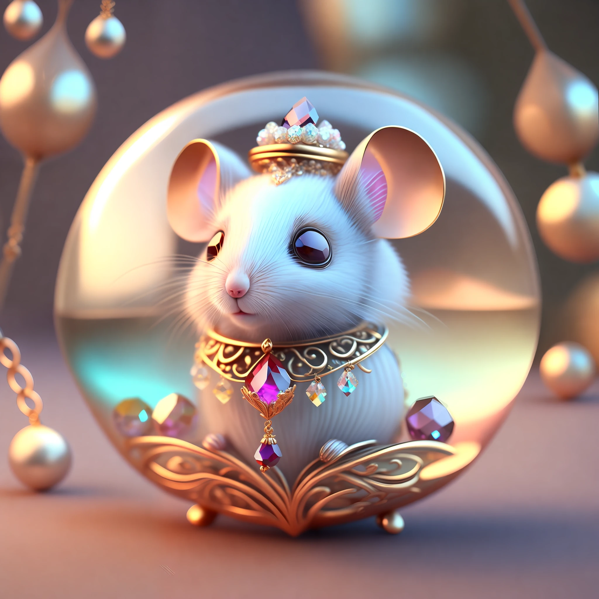 A cute little crystal ball mouse embellished with various jewelry ornaments and low-poly eyes, is a highly detailed and complex conceptual work of art using Artstation 8k quality.