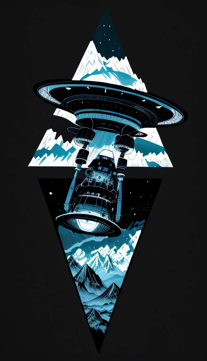 a black and white drawing of a spaceship flying over a mountain, cosmic horror illustration, concept tattoo design, scifi illustration, alien abduction, tattoo design, ink artwork, ufo abduction, surreal design, alien vibes, extraterrestrial, cosmic horror style, surreal drawing, surreal illustration, clean linework, sci - fi illustration, sci-fi illustration, by Jesse Richards
