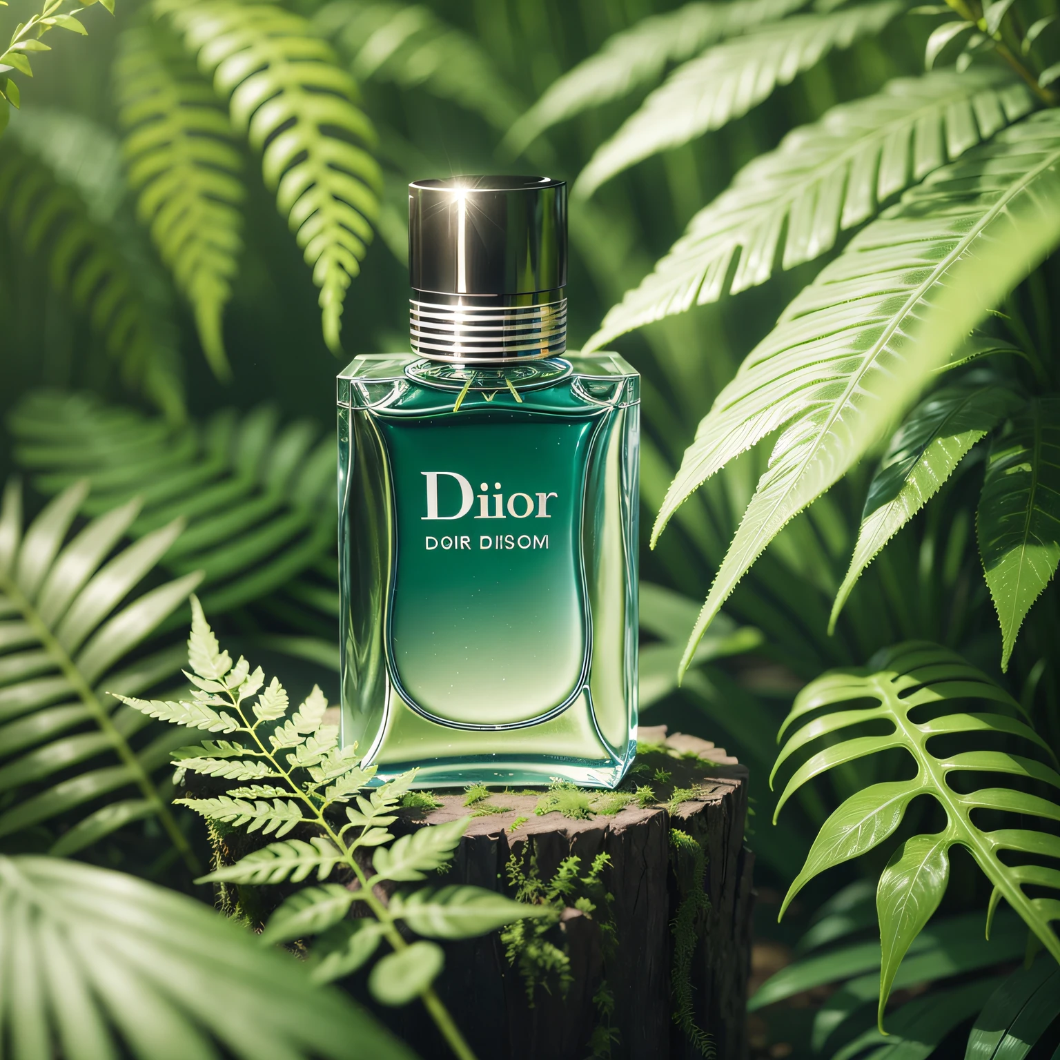 Dior perfume on mirror against light blue sky, surrounded by flowers with falling petals, sunlight reflection, high angle shot5, high detail, high quality, photography, 8k octane rendering --auto