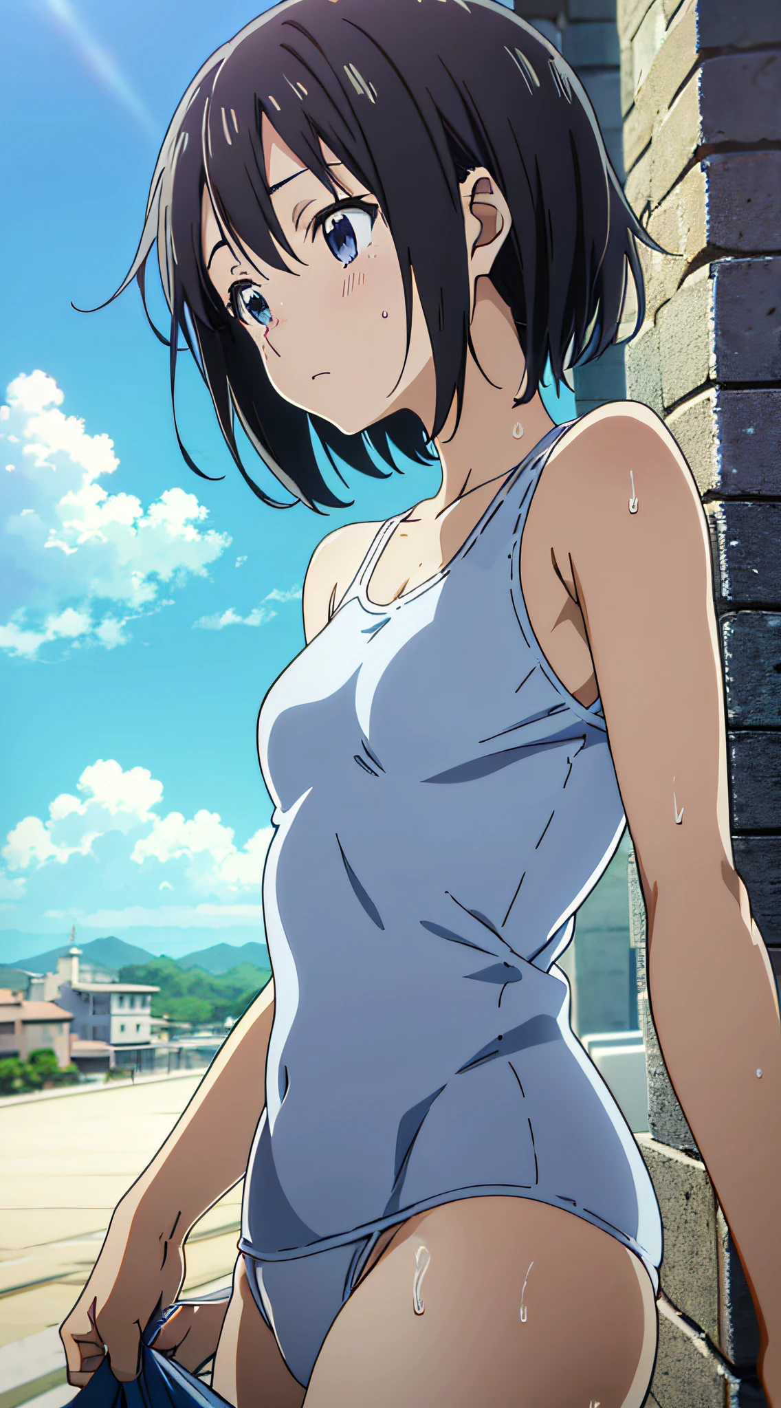 (Anime, Anime Art Style:1.2) Yuyushiki, Young Girl, 13 years old, Sweat swimsuit, Seaside, Sunshine, (Looking away:1.5),Blue sky,Various movements,Various angles