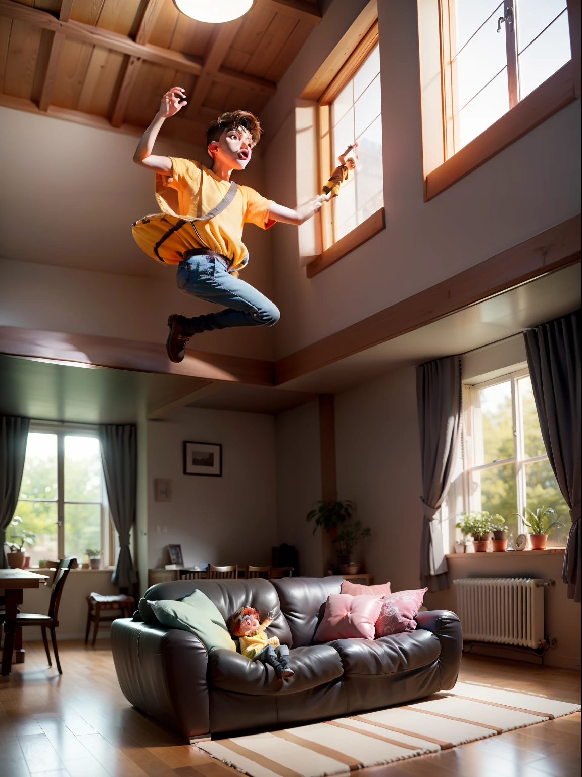 A boy floats in the living room mid-air, and the sun shines on the sofa in the living room, creating a warm atmosphere