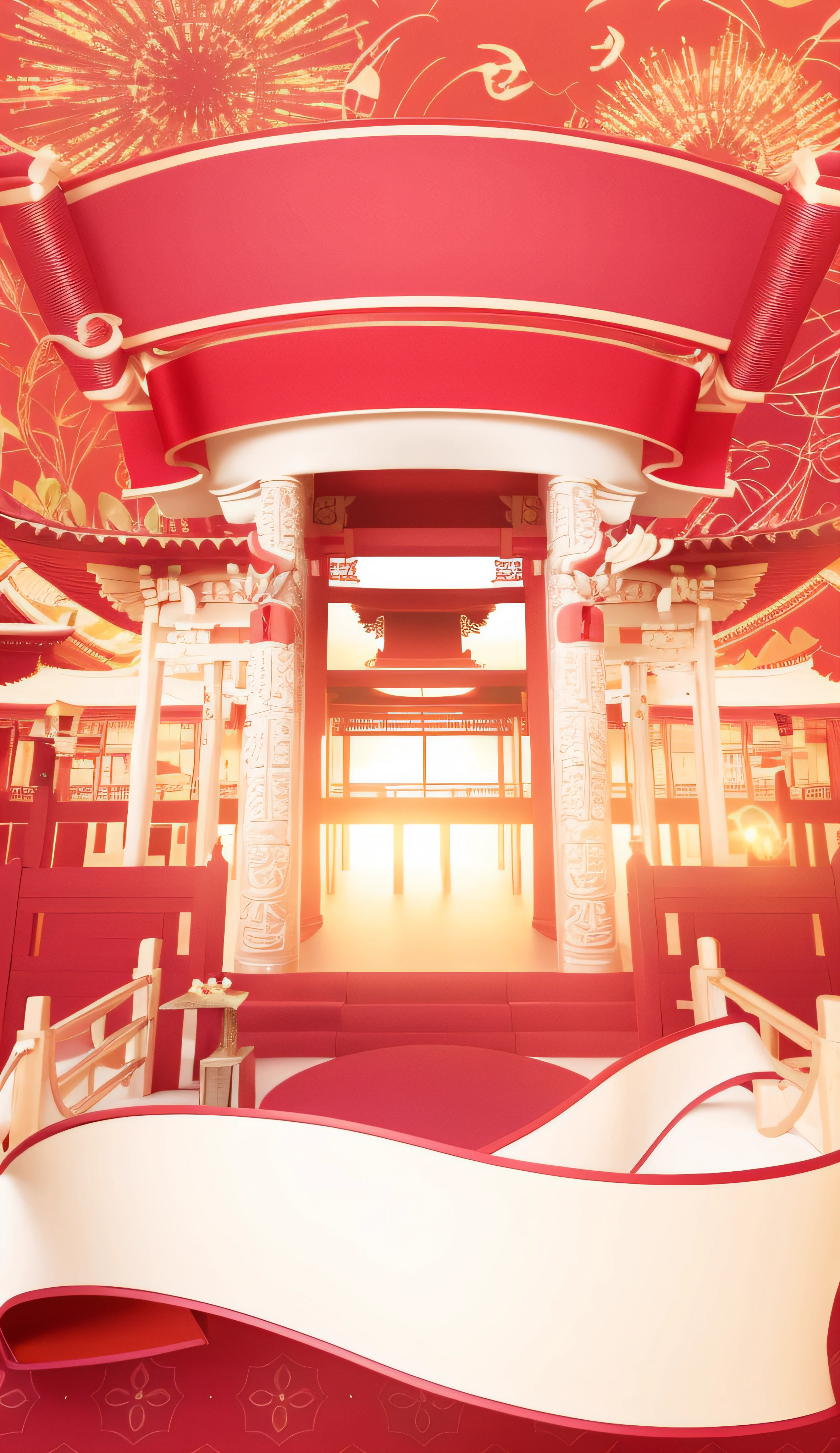 There is a red and gold room, red carpet and red ceiling, beautiful rendering of the Tang Dynasty, Japonisme 3 d 8 k ultra detailed, temple background, background depicting temple, inspired by torii Kiyosho II, pop japonisme 3d super detailed, inspired by torii Kiyomatsu, zen temple background, temple