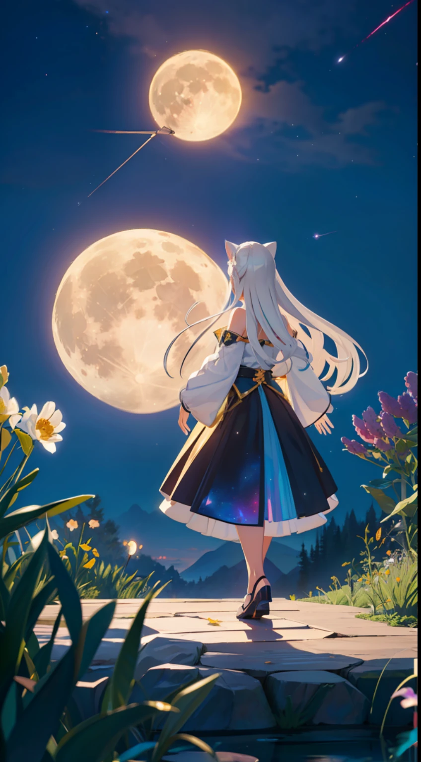 Extensive landscape photo , (above and below looking down), girl standing in flower field looking up, (full moon:1.2), ( shooting stars:0.9), (nebula:1.3), starry sky, white flower field, flower field shining, fantastic flower field, tree , (warm light source:1.2), (firefly:1. 2), lamp, orange and blue mostly fine details, voluminous lighting BREAK (Masterpiece:1.2), (top quality), 4k, super detailed, (dynamic composition:1.4), very fine details, colorful details, ( iridescent:1.2), (glowing lighting, atmospheric lighting), dreamy, fantastic, (solo:1.2), sparkling, glow, petals dancing, white hair, beautiful hair, long hair, cat ears, back view, water effects, soap bubbles, posed, hands are hidden in sleeves
