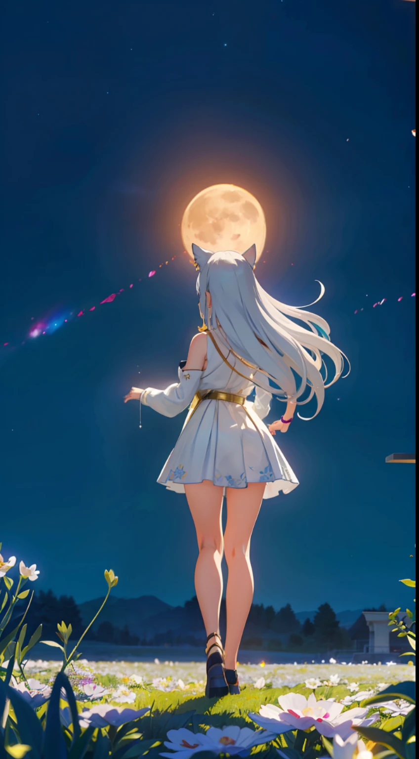 Extensive landscape photo , (above and below looking down), girl standing in flower field looking up, (full moon:1.2), ( shooting stars:0.9), (nebula:1.3), starry sky, white flower field, flower field shining, fantastic flower field, tree , (warm light source:1.2), (firefly:1. 2), lamp, orange and blue mostly fine details, voluminous lighting BREAK (Masterpiece:1.2), (top quality), 4k, super detailed, (dynamic composition:1.4), very fine details, colorful details, ( iridescent:1.2), (glowing lighting, atmospheric lighting), dreamy, fantastic, (solo:1.2), sparkling, glow, petals dancing, white hair, beautiful hair, long hair, cat ears, back view, water effects, soap bubbles, posed, hands are hidden in sleeves