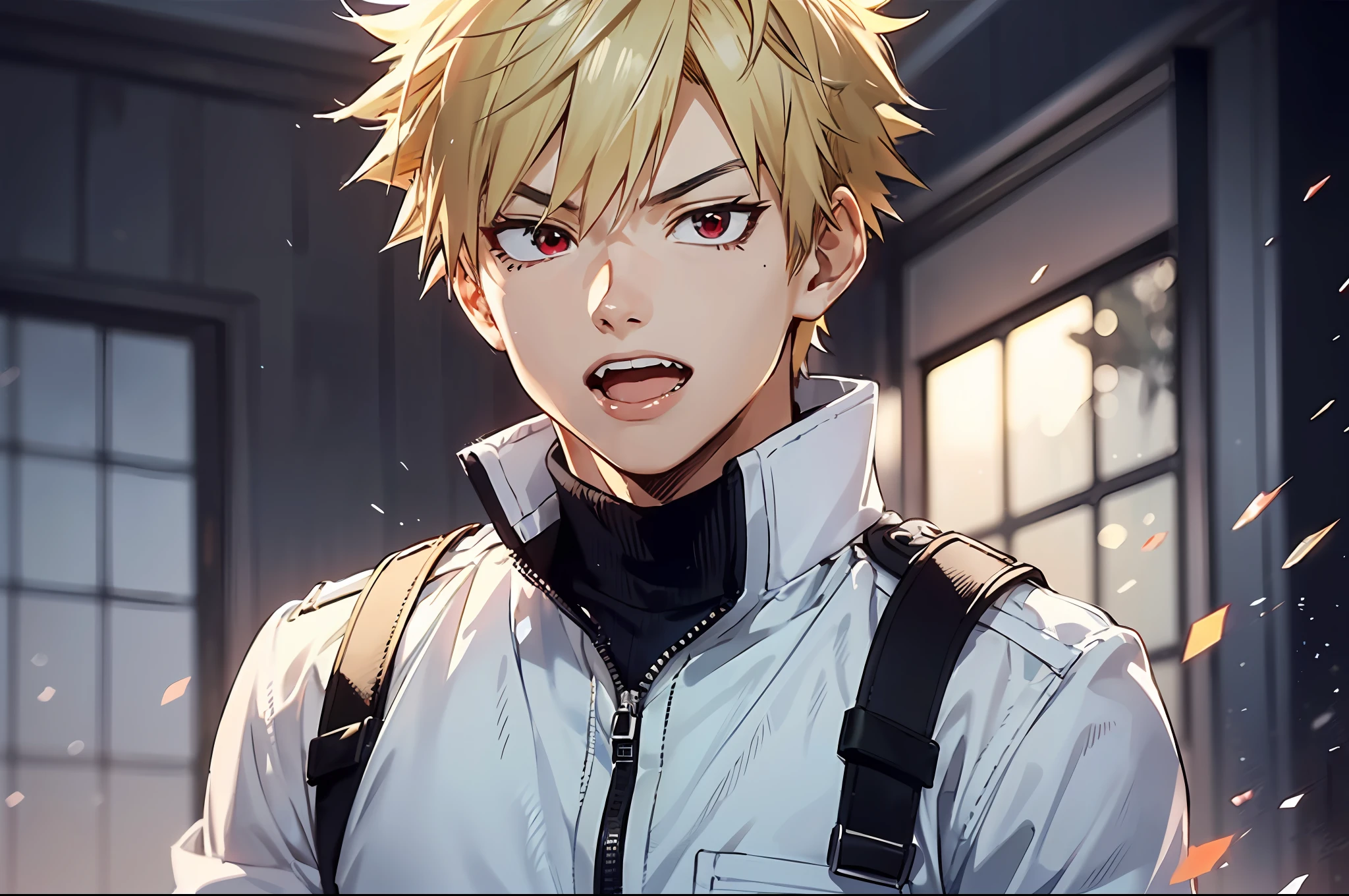 ((masterpiece, top quality, super definition, high definition)), one young man, Katsuki Bakugo, My Hero Academia, blonde short hair, shining eyes, perfect red eyes, 25 years old, black hero costume, slightly open mouth, sparks around,