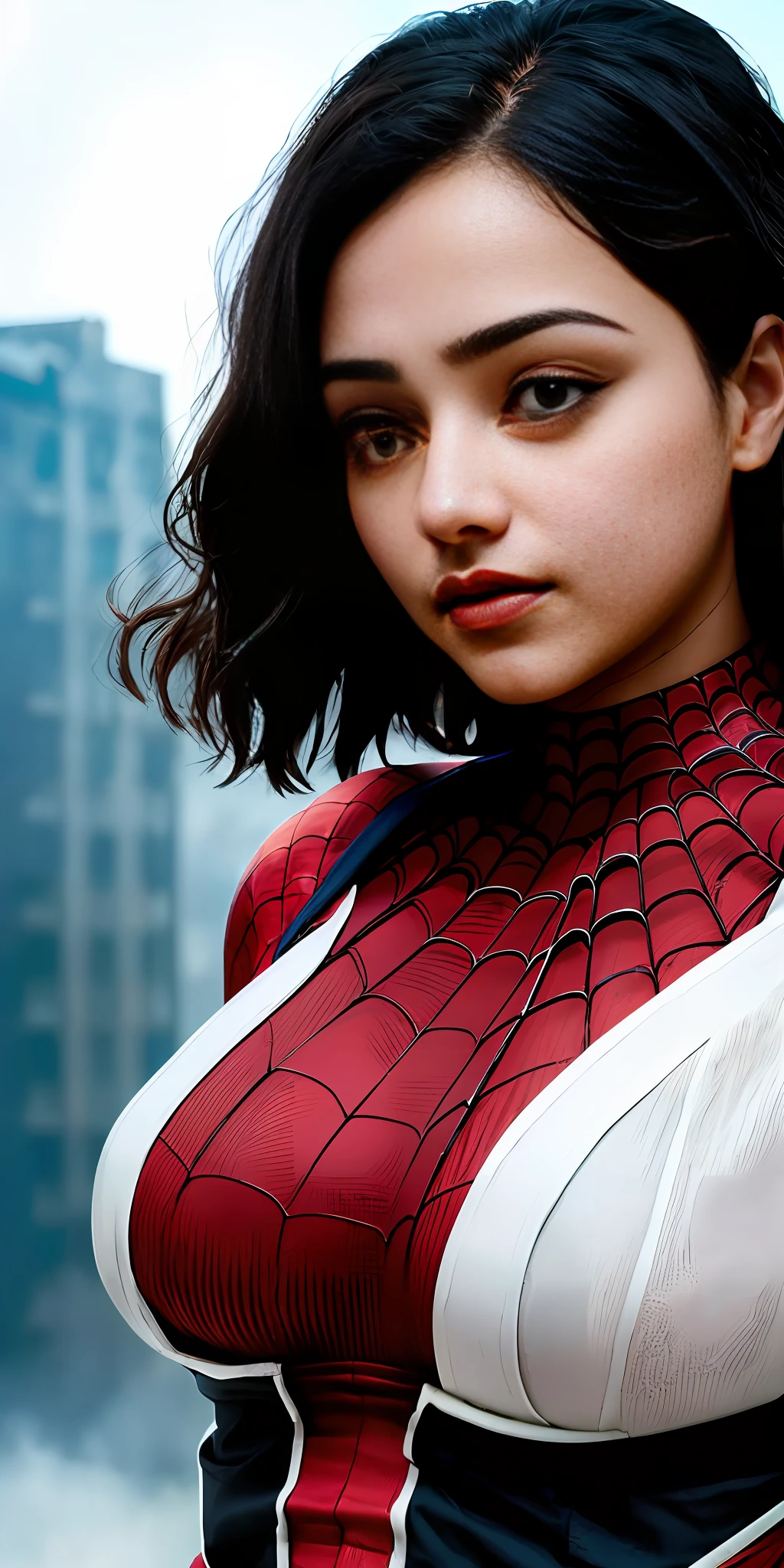 Nithya (1women), 25+ age, solo, (((extremely detailed face))),(((half body))),beautiful detailed eyes,body-parts__, official art, very big boobs, unified 8k wallpaper, super detailed, beautiful and aesthetic, beautiful, masterpiece, best quality, raw, masterpiece, super fine photo, best quality, super high resolution, photorealistic realism, sunlight, (from the front), she is wearing a Spider-man suit, red and black color scheme, spider, very detailed abandoned warehouse background, Detailed face, detailed complex busy background, messy, gorgeous, milky white, highly detailed skin, realistic skin details, visible pores, sharp focus, volumetric fog, 8k uhd, DSLR, high quality, film grain, fair skin, photo realism, lomography, huge metropolis in future dystopia, seen from below, translucent