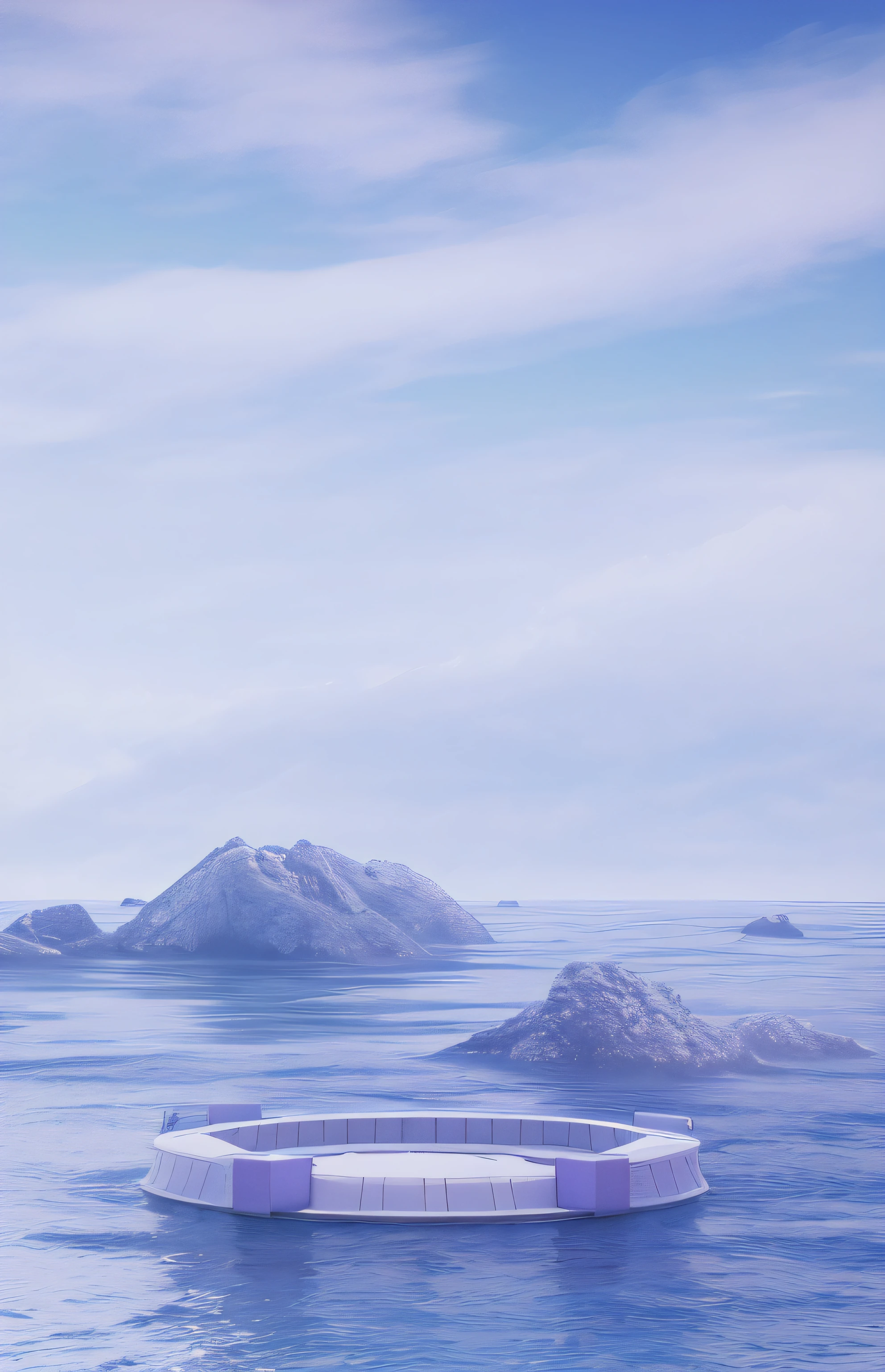 There is a cylindrical platform in the middle, a reef next to it, a sea, and a little purple in the sky, which is purple overall