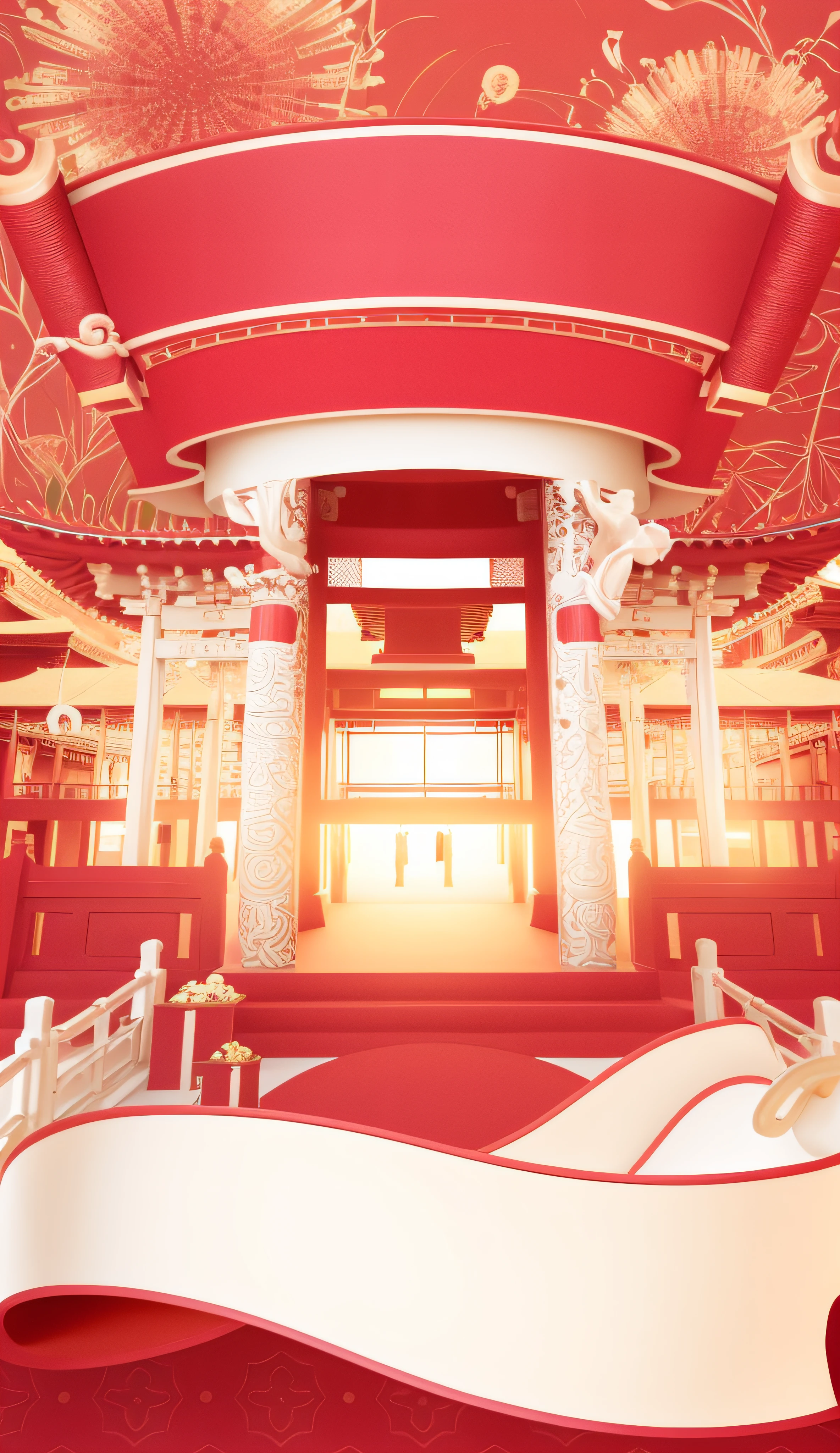 There is a red and gold room, red carpet and red ceiling, beautiful rendering of the Tang Dynasty, Japonisme 3 d 8 k ultra detailed, temple background, background depicting temple, inspired by torii Kiyosho II, pop japonisme 3d super detailed, inspired by torii Kiyomatsu, zen temple background, temple