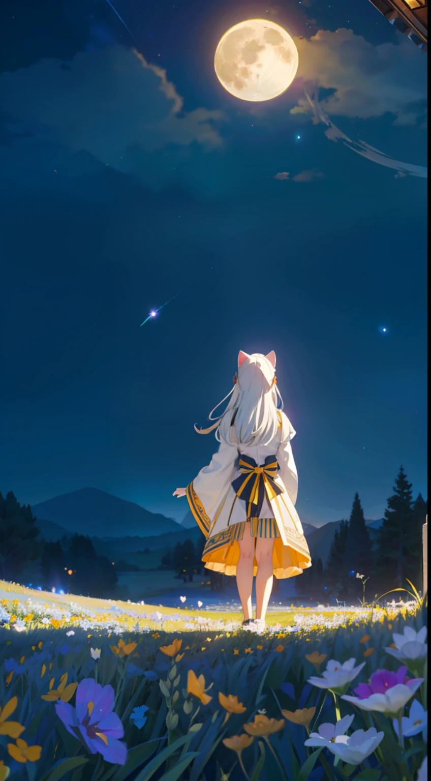 Extensive landscape photo , (above and below looking down), girl standing in flower field looking up, (full moon:1.2), ( shooting stars:0.9), (nebula:1.3), starry sky, white flower field, flower field shining, fantastic flower field, tree , (warm light source:1.2), (firefly:1. 2), lamp, orange and blue mostly fine details, voluminous lighting BREAK (Masterpiece:1.2), (top quality), 4k, super detailed, (dynamic composition:1.4), very fine details, colorful details, ( iridescent:1.2), (glowing lighting, atmospheric lighting), dreamy, fantastic, (solo:1.2), sparkling, glow, petals dancing, white hair, beautiful hair, long hair, cat ears, back view, water effects, soap bubbles, posed, hands are hidden in sleeves