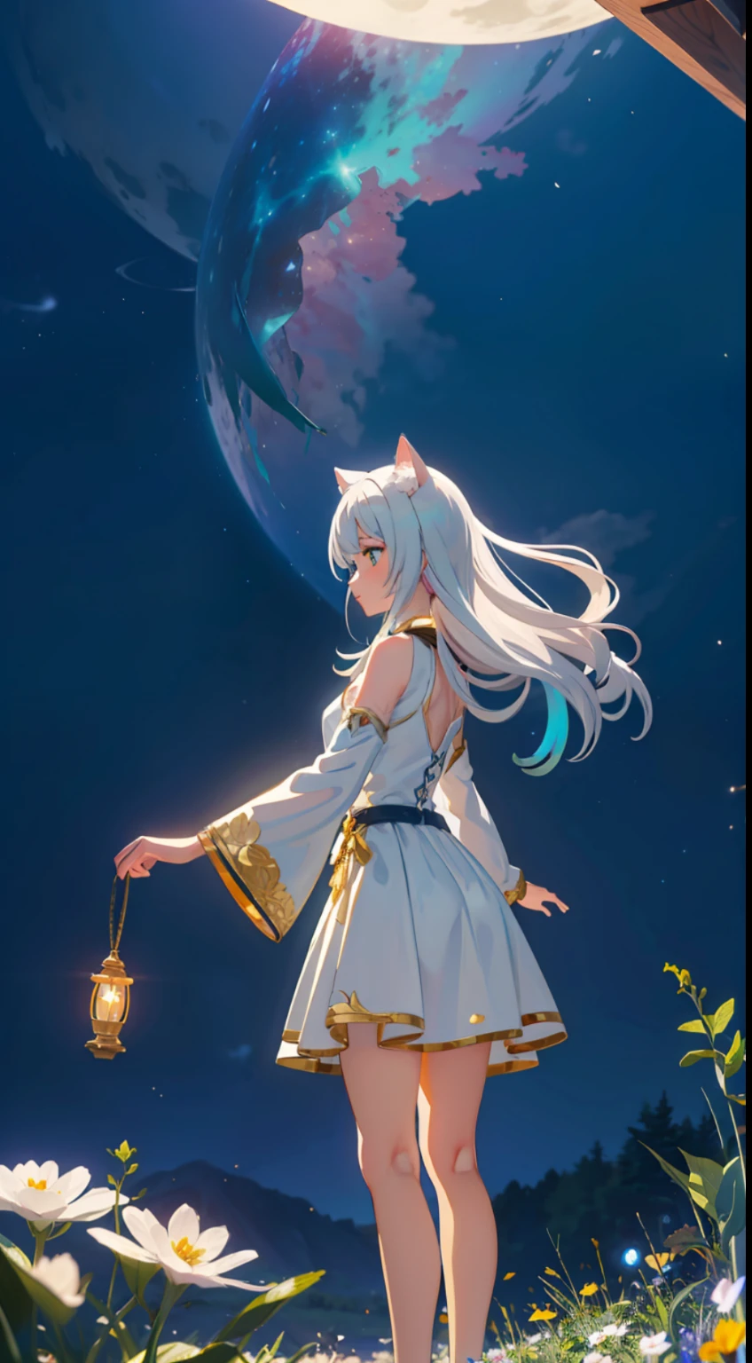 Extensive landscape photo , (above and below looking down), girl standing in flower field looking up, (full moon:1.2), ( shooting stars:0.9), (nebula:1.3), starry sky, white flower field, flower field shining, fantastic flower field, tree , (warm light source:1.2), (firefly:1. 2), lamp, orange and blue mostly fine details, voluminous lighting BREAK (Masterpiece:1.2), (top quality), 4k, super detailed, (dynamic composition:1.4), very fine details, colorful details, ( iridescent:1.2), (glowing lighting, atmospheric lighting), dreamy, fantastic, (solo:1.2), sparkling, glow, petals dancing, white hair, beautiful hair, long hair, cat ears, back view, water effects, soap bubbles, posed, hands are hidden in sleeves