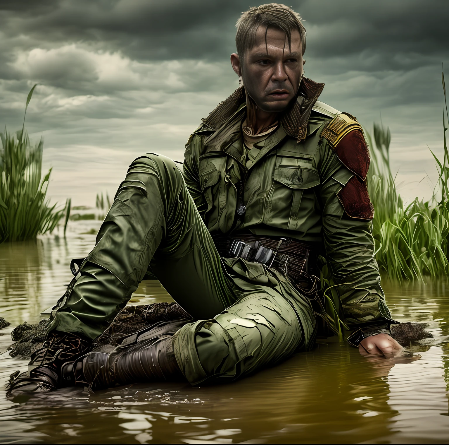 War in a swamp, painful expression, soldier in futuristic costume, sitting, masterpiece, details