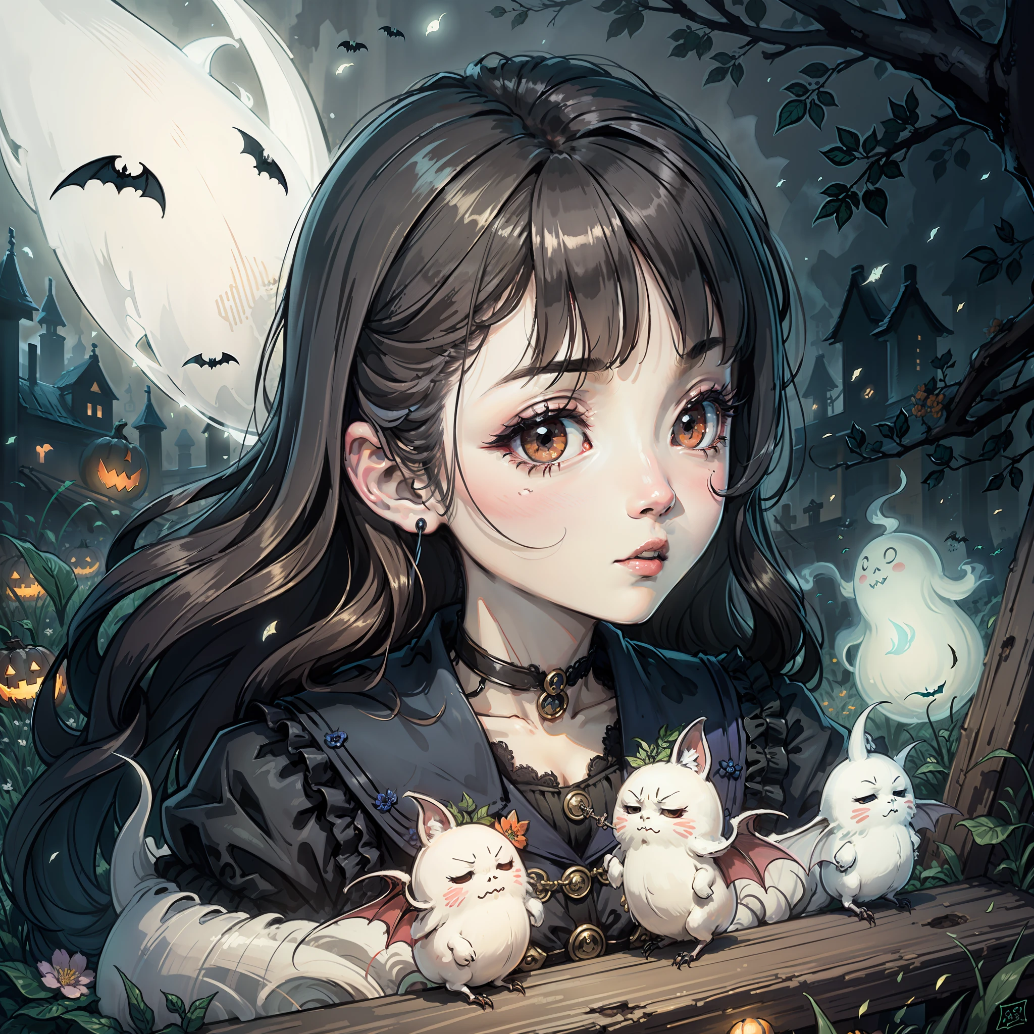 Halloween poster, bats, spring water, white ghosts --auto