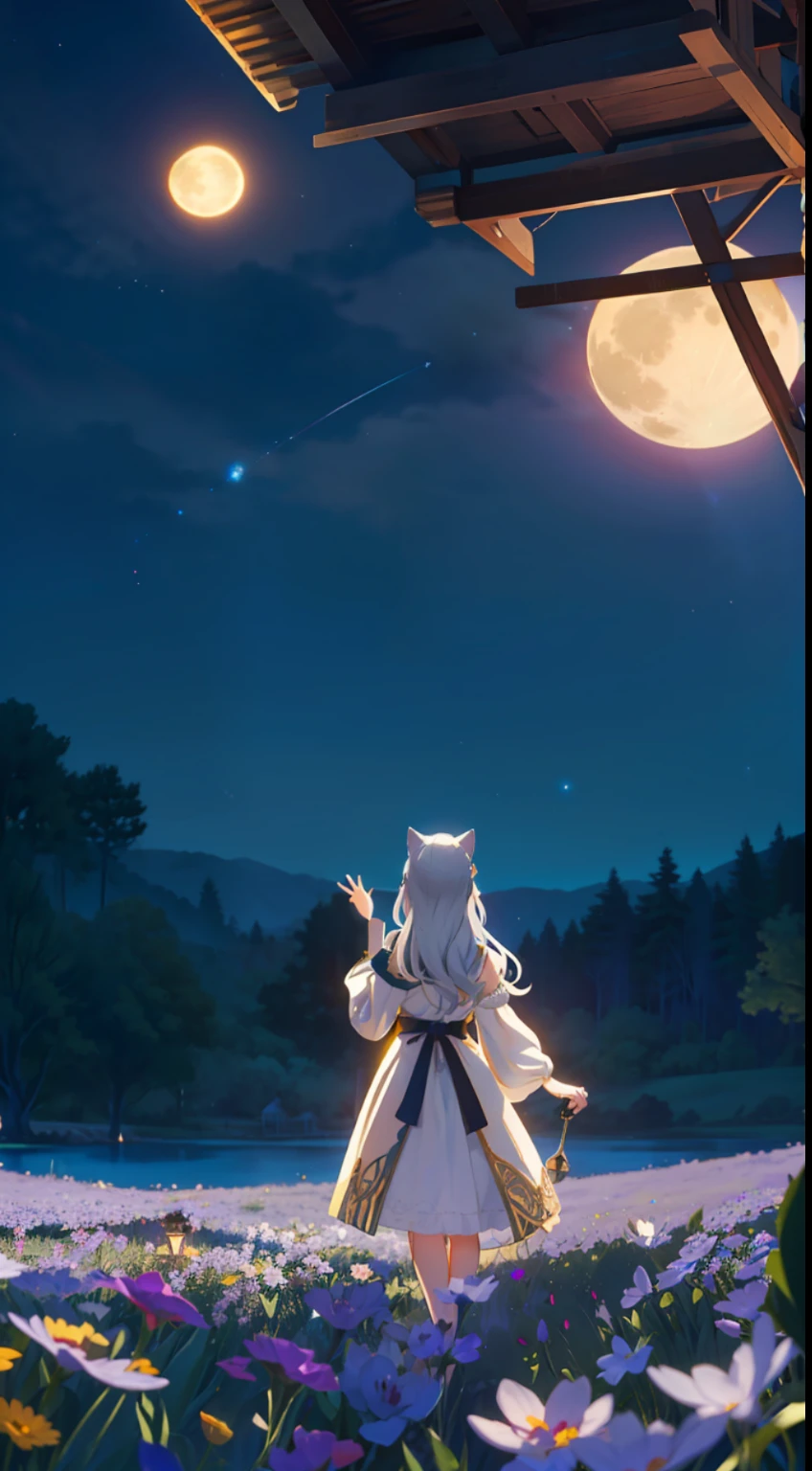 Extensive landscape photo , (above and below looking down), girl standing in flower field looking up, (full moon:1.2), ( shooting stars:0.9), (nebula:1.3), starry sky, white flower field, flower field shining, fantastic flower field, tree , (warm light source:1.2), (firefly:1. 2), lamp, orange and blue mostly fine details, voluminous lighting BREAK (Masterpiece:1.2), (top quality), 4k, super detailed, (dynamic composition:1.4), very fine details, colorful details, ( iridescent:1.2), (glowing lighting, atmospheric lighting), dreamy, fantastic, (solo:1.2), sparkling, glow, petals dancing, white hair, beautiful hair, long hair, cat ears, back view, water effects, soap bubbles, posed, hands are hidden in sleeves, Large lacy sleeves