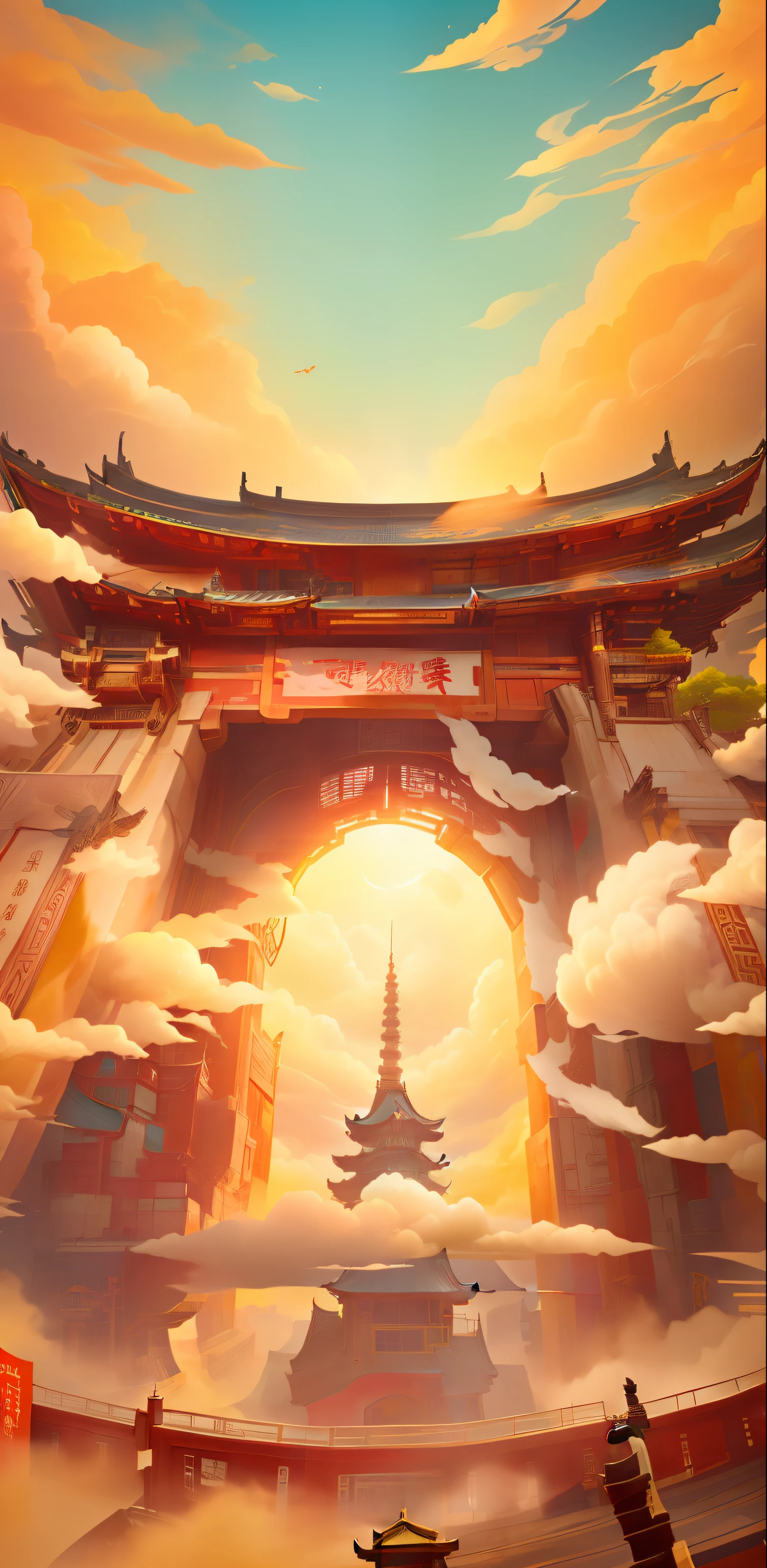 HD, looking up, in the middle of the picture is a Chinese-style building with an open door, cloud, Tang Dynasty architecture