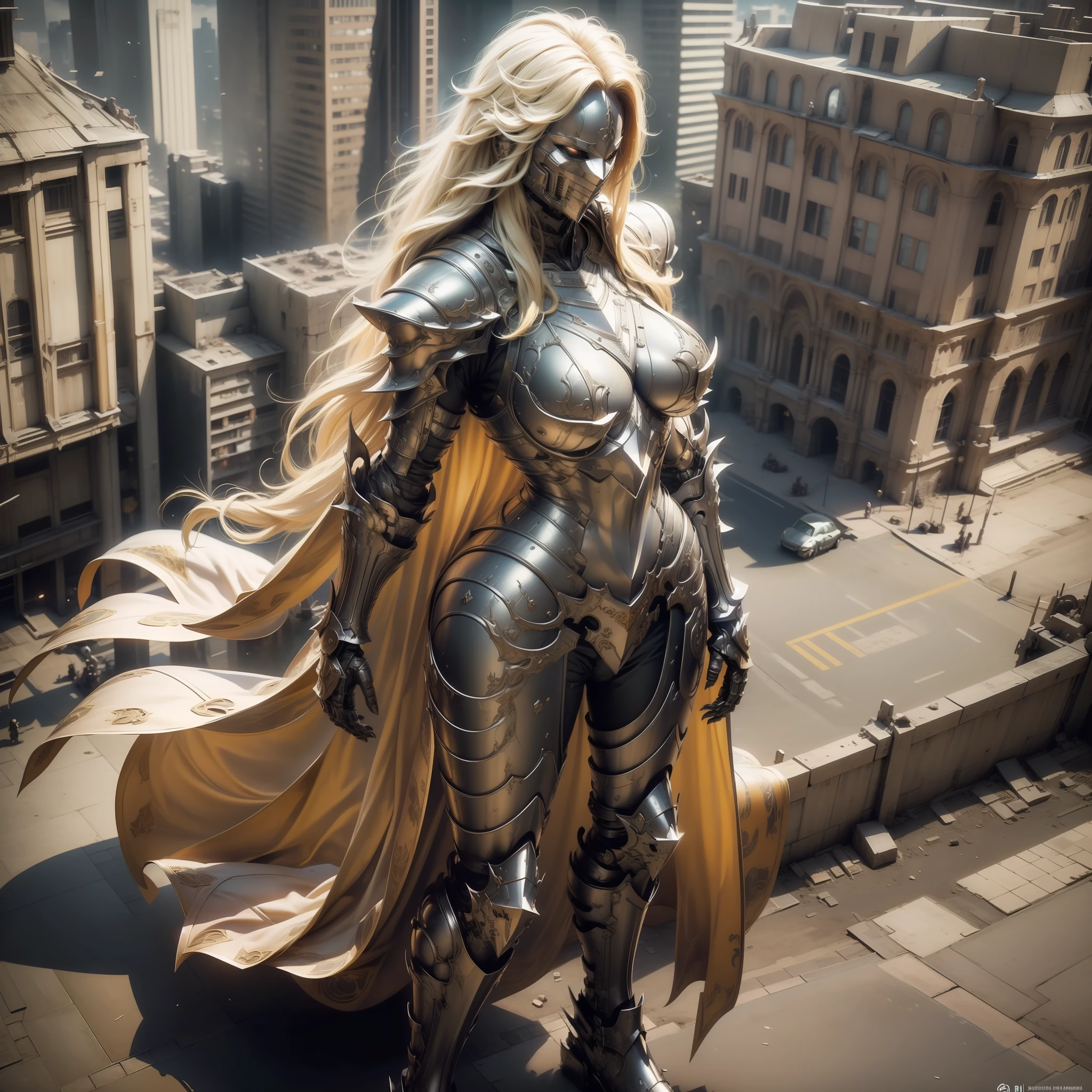 (Masterpiece, Superb Quality, Super Detailed, High Resolution), Male Focus, ((Armor Dress))), (Cloak), (((Mechanized))), (Body Details), (She Has Long Blonde Hair, Big Breasts, Slim), (Standing Pose), Pose for Photo, Top View, City Ruins, Background Details, (((Full Body))), From Above, Solo, (Sense of Greatness)